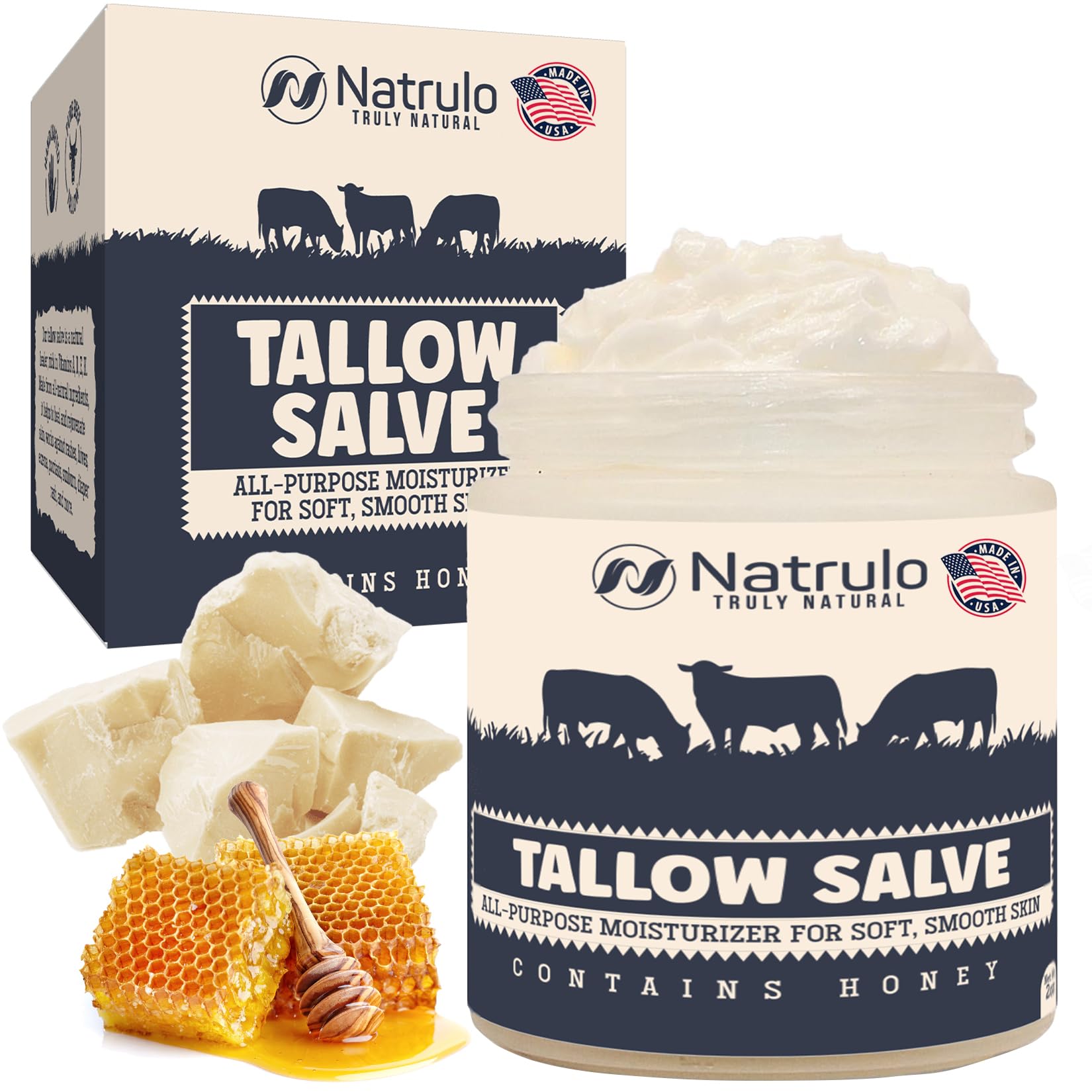 Beef Tallow Salve – All Natural Grass Fed Beef Tallow & Honey All Purpose Balm – Moisturizing Body Salve Great for Eczema, Cracked, Dry, Itchy,