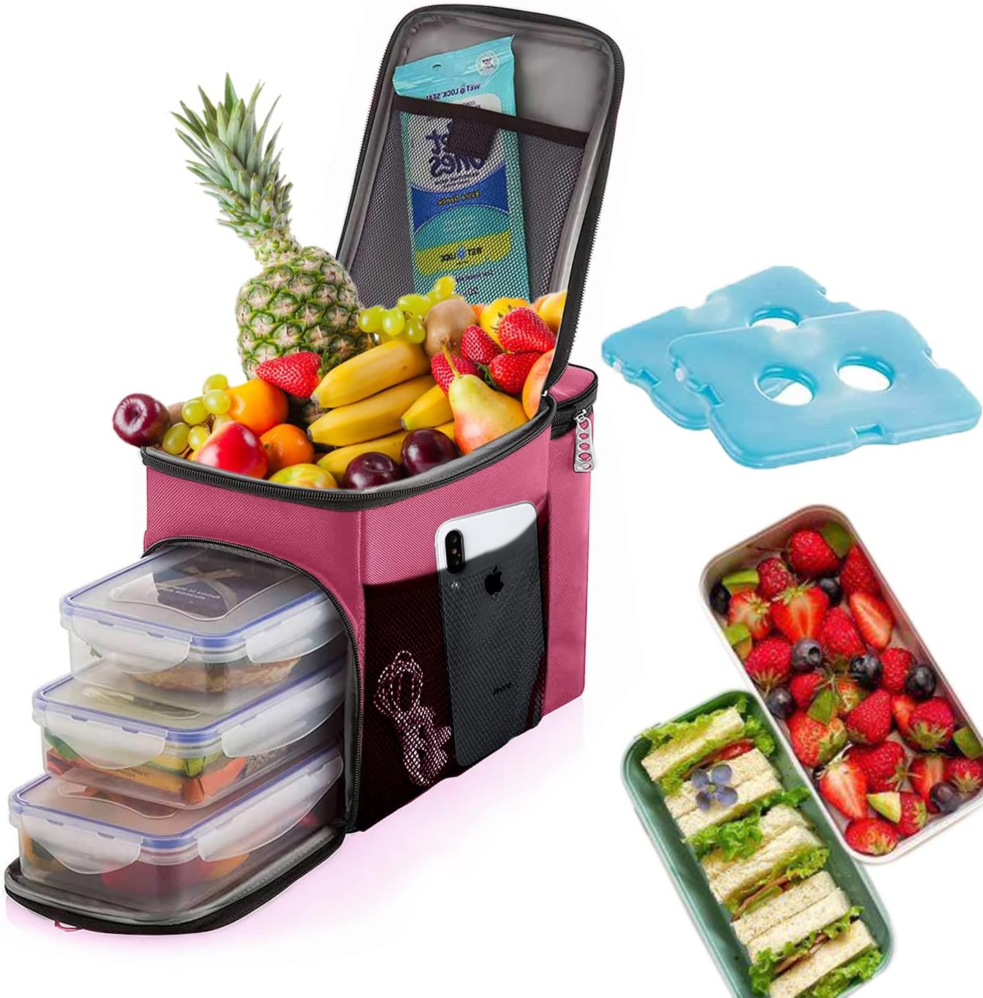 TOP&TOP Insulated Lunch Box and Cooler Bag for Women, Men - 13"L x 7"W x 9"H, 3 Reusable Meal Prep Containers, 2 Ice Packs, Detachable Shoulder Strap, Leakproof and Easy to Clean