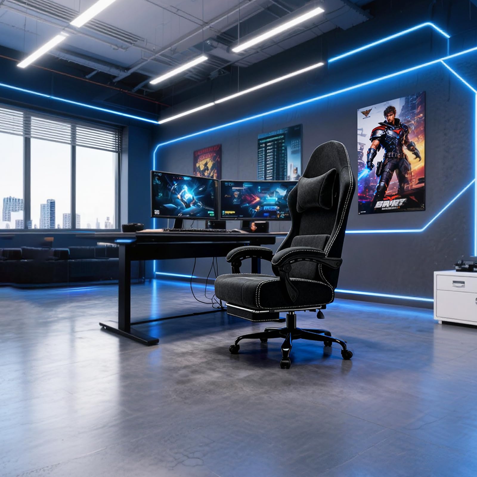 Chaise Gaming Ergonomique avec Ressorts Ensachés et Repose-Pieds, Fauteuil Gaming avec Soutien Lombaire Réglable, Chaise Bureau Respirant Jusqu'à 150 kg (Noir Profond)
