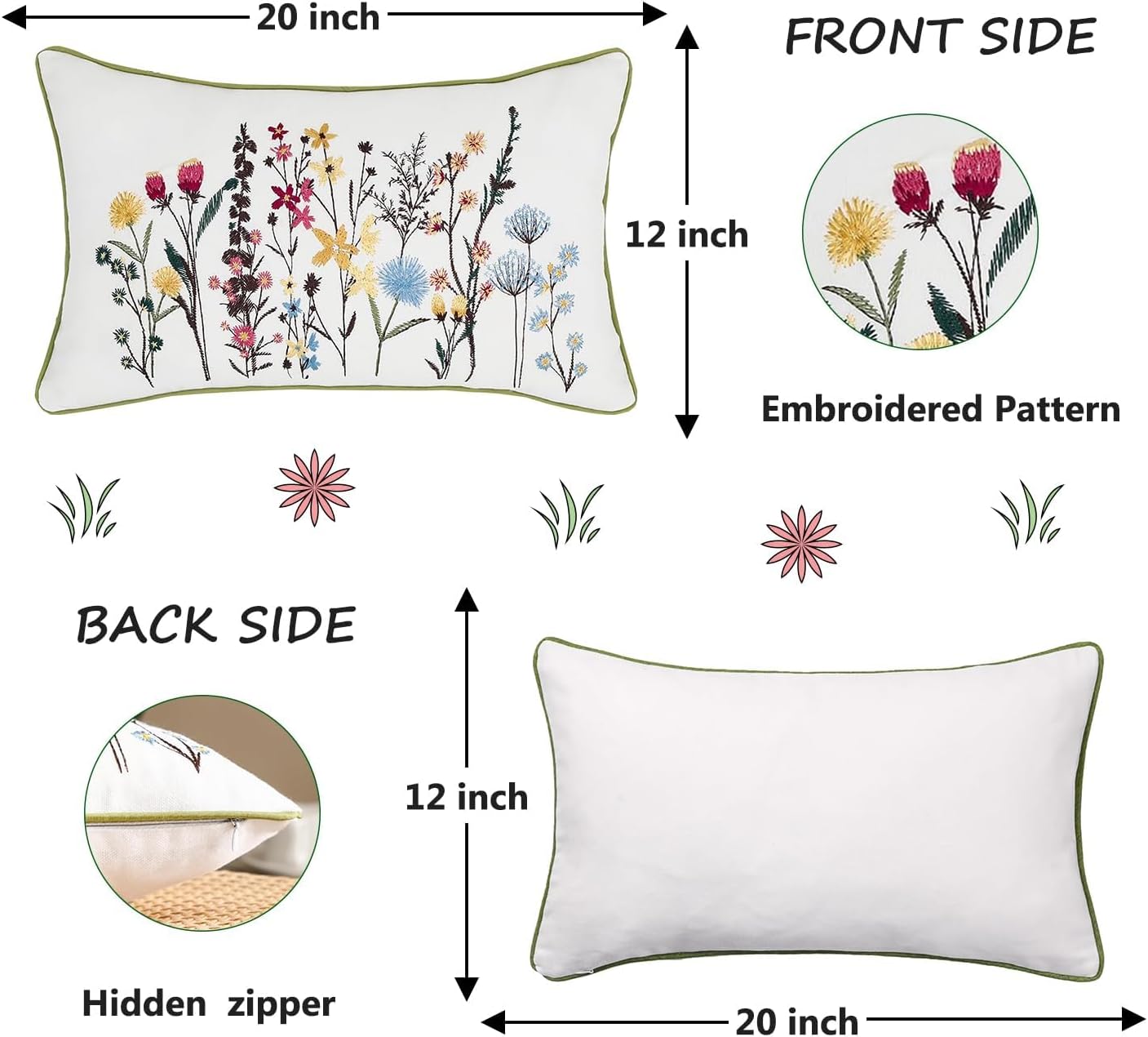 Wildflower Spring Pillow Covers 12 x 20 Pack of 2 Flowers Embroidered Decorative Pillowcases Lumbar Throw Pillow Covers Farmhouse Pillow Cushion Cases Boho Summer Home Decor Floral Pillow Case