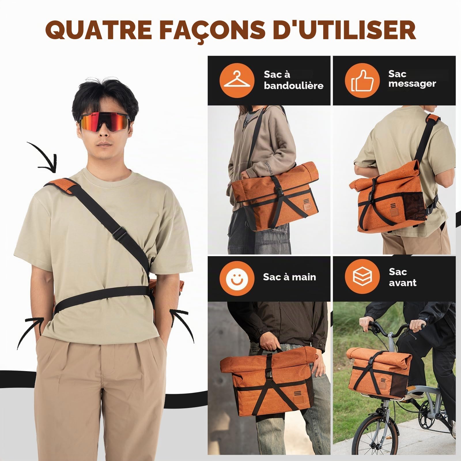 ROCKBROS Sacoche de Guidon pour Vélo Pliant Brompton, Sac de Panier Extensible 8-10L, Sacoche Avante de Vélo Amovible avec Adaptateur pour Scooter VTT Trottinette Électrique Noir