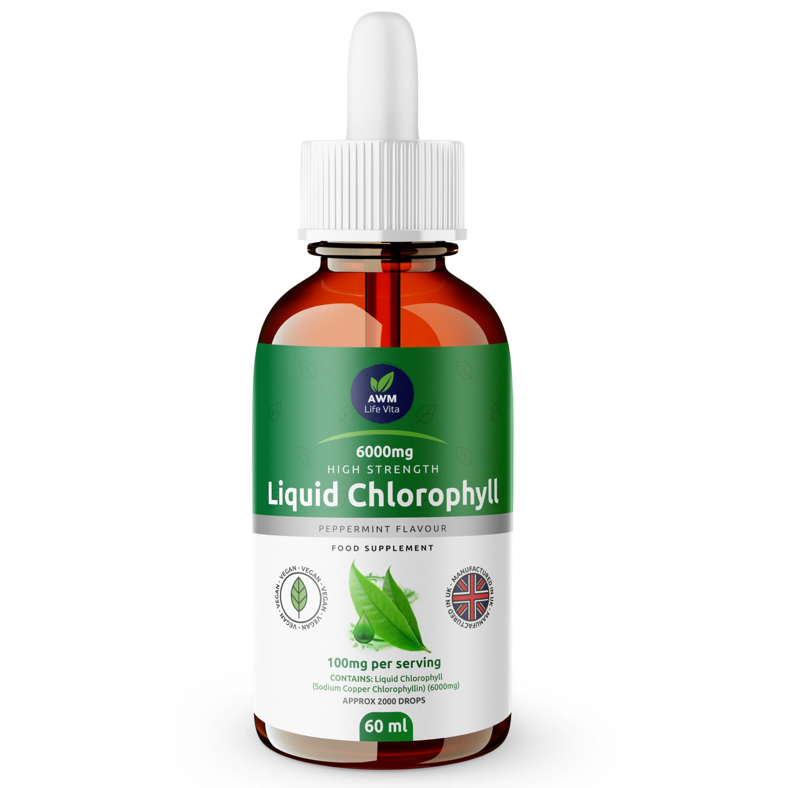 Chlorophyll Liquid Drops for Water - High Strength - 60ml for 60 Servings - 2 Month Supply of 100mg Liquid Chlorophyll