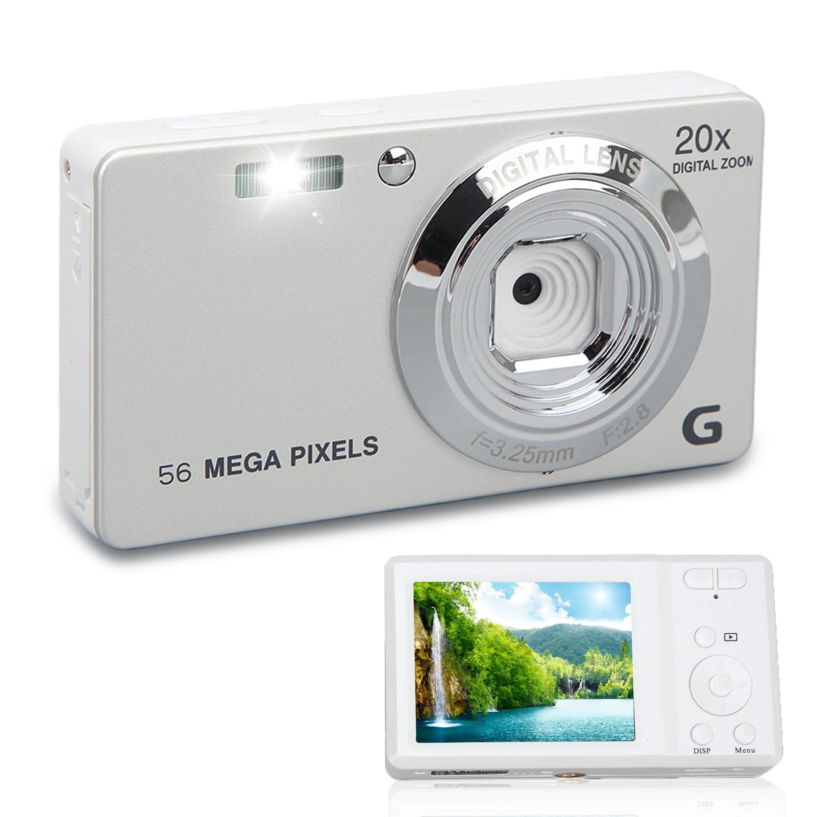 Appareil Photo Numérique XF500, écran LCD 2,7 Pouces 56MP 20X Zoom Numérique HD 4K Vlogging Camera, Flash intégré, Prise en Charge de la Carte Mémoire 128G, Batterie 750mAh Selfie (Argent)