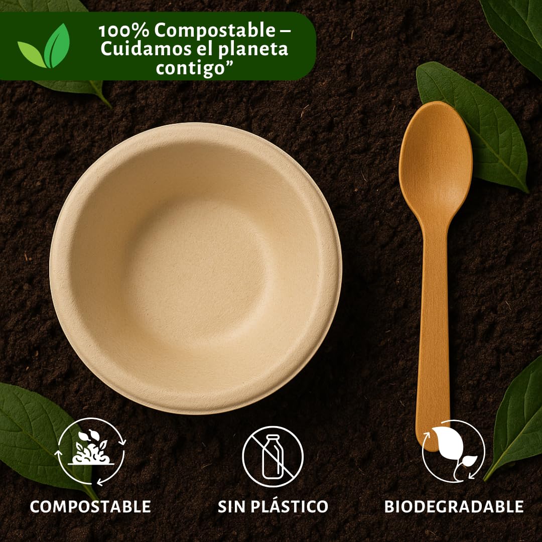 Pack 200 Cuencos Biodegradables Fibra de Caña 12oz + 200 Cucharas de Madera Encerada 16cm | Vajilla Desechable Ecológica Compostable | Alimentos Calientes y Frios (Cuencos y Cucharas)