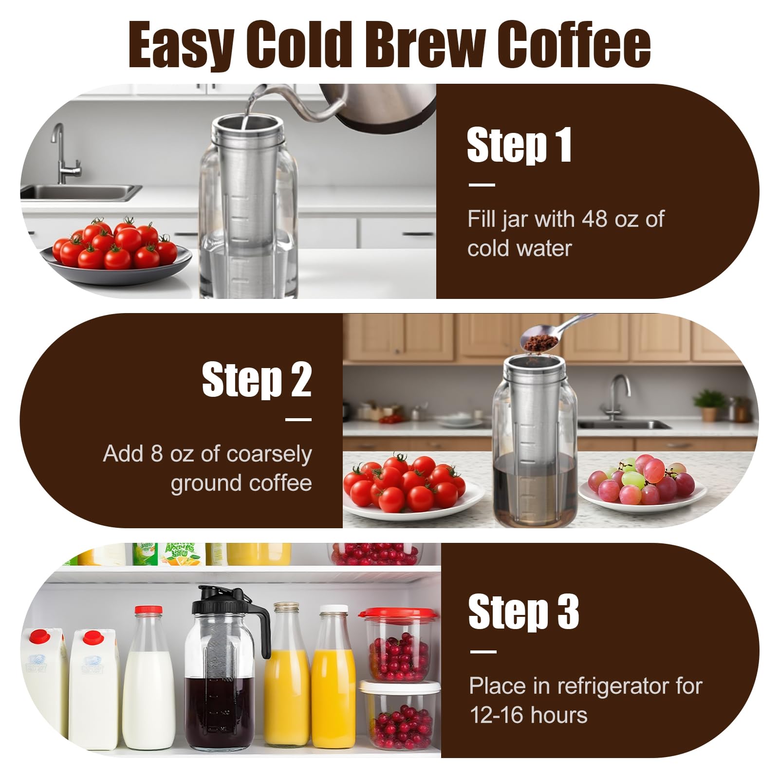 Carafe Cold Brew 2 L/60 Oz avec Couvercle et Filtre Acier Inoxydable Machine à Café Froid