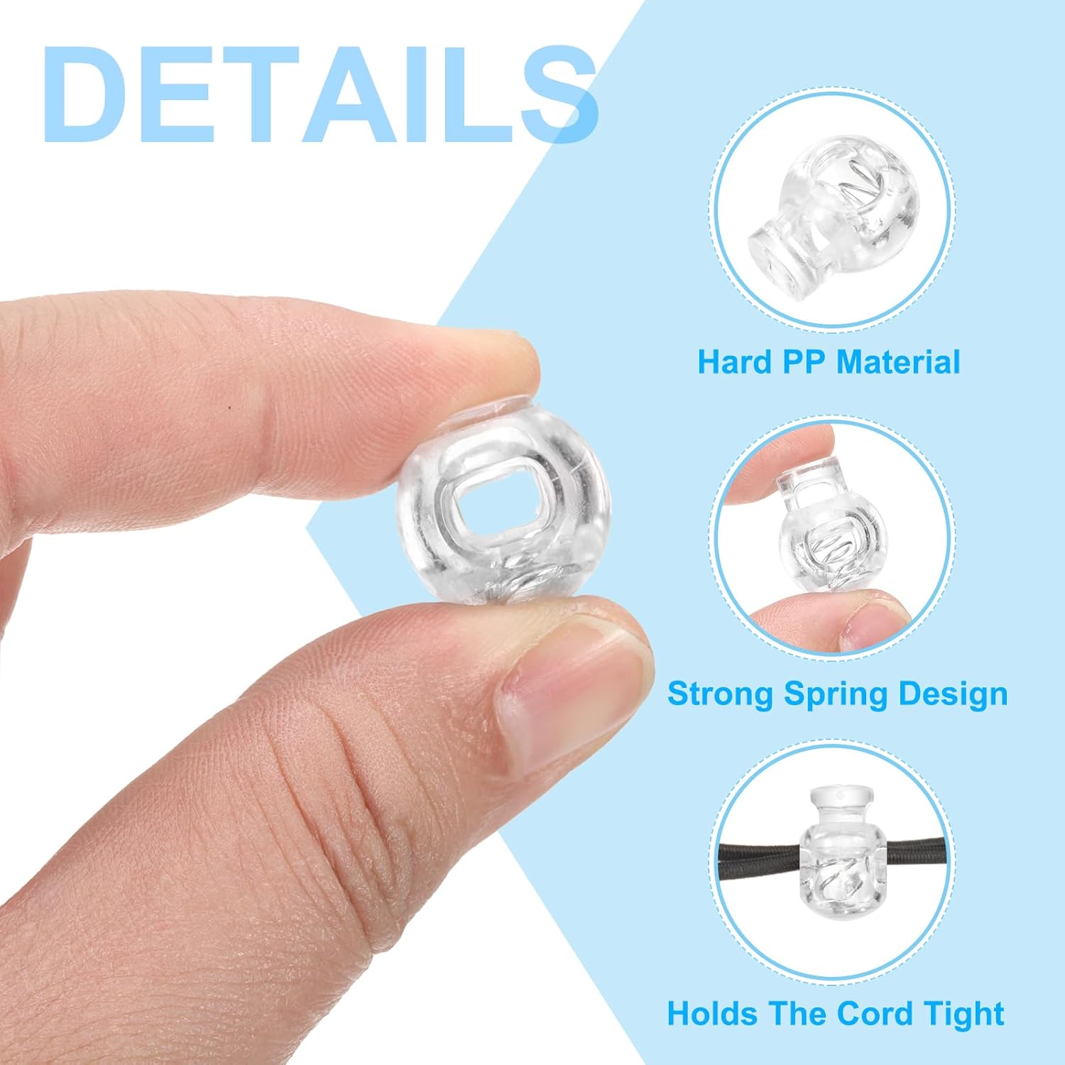 PATIKIL Plastic Cord Lock, 20 Pack Single Hole Toggle Stopper Round Ball Shaped Adjustable Cord Stops Fastener for Paracord, Camping, Hiking, Shoelace Replacement, Clear - Image 3