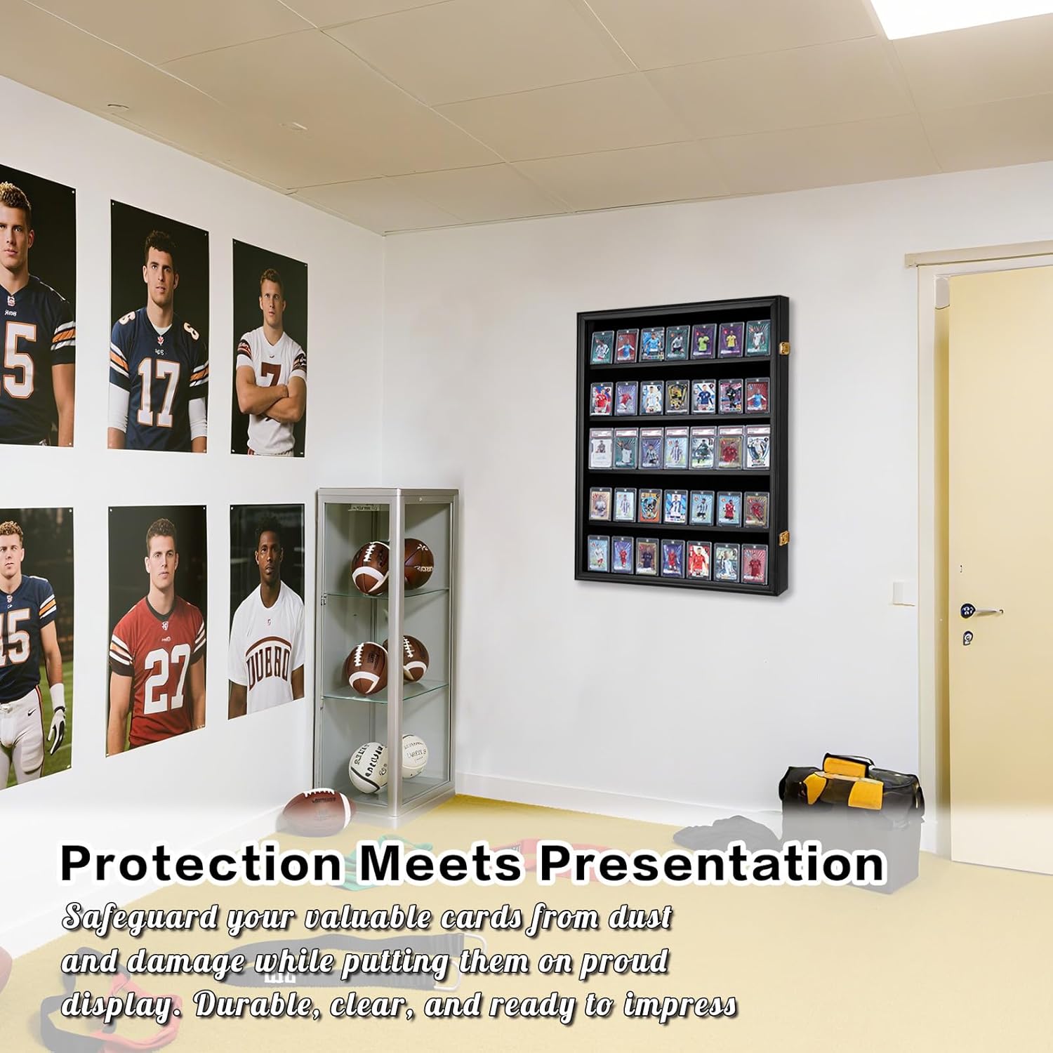 Baseball Card Display Case, Wooden Wall Cabinet with 35 Card Slots, with UV Protection Used for Displaying Graded Sports Cards of Football,Basketball,Soccer and Hockey.