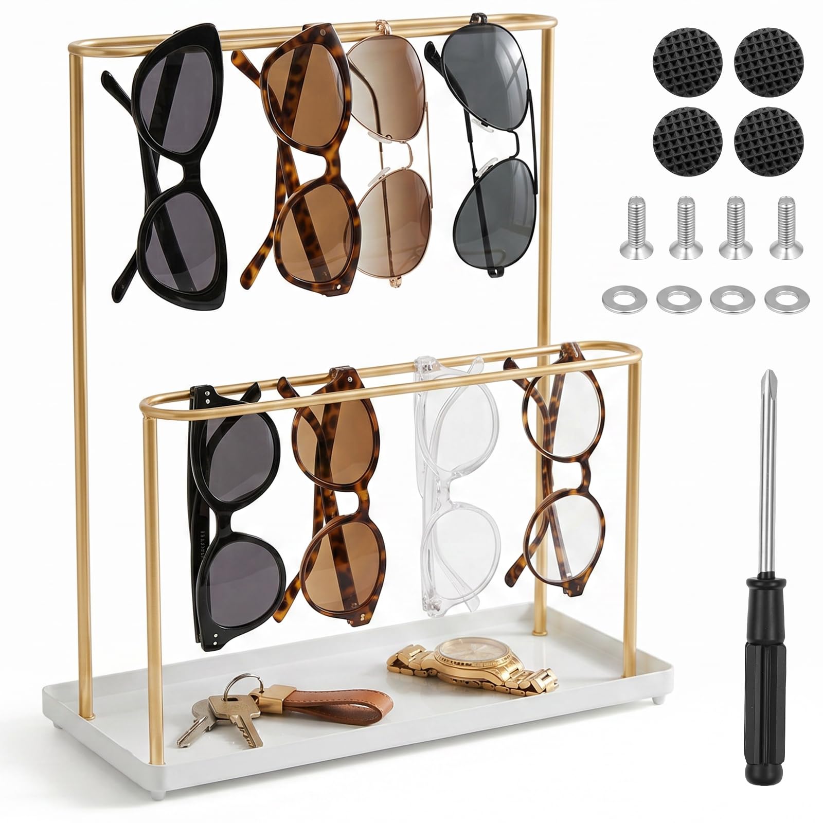 LOUJINGREO Double Tier Eyeglasses Display Stand with Tray, Large Capacity Sunglasses Holder Organizer for Tabletop Dresser Countertop, Stylish Home and Commercial Eyewear Storage Rack