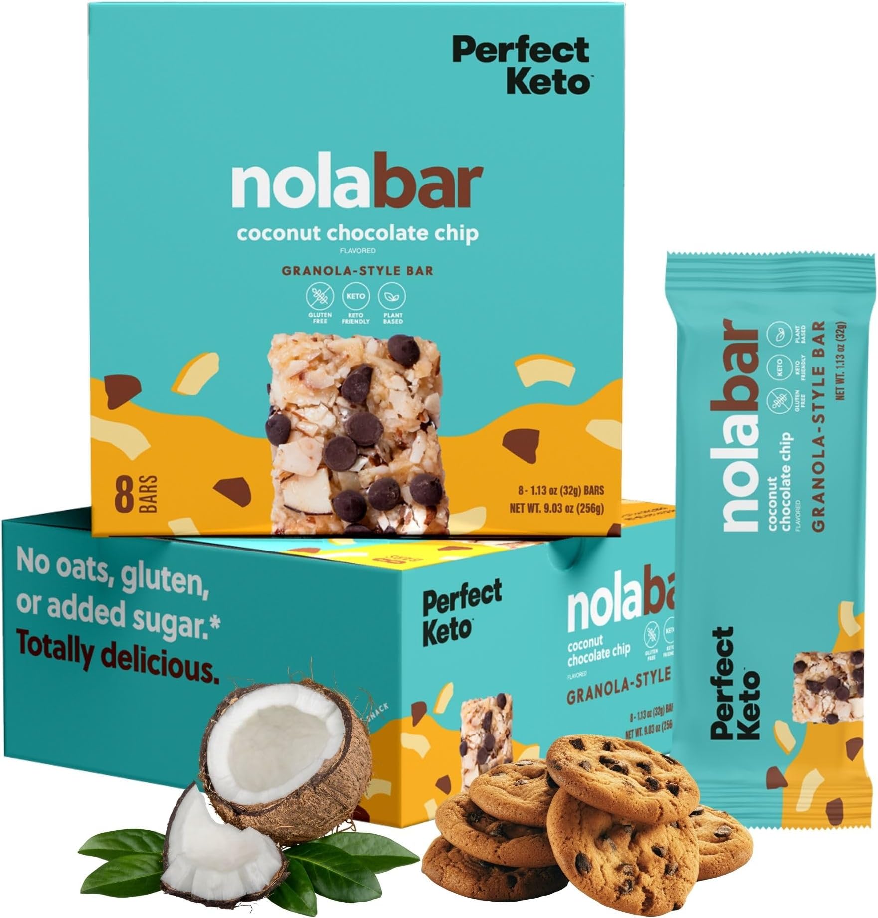 Perfect Keto Nola Bars, Gluten Free, Keto Granola Bars, Low Carb Snack or Breakfast Bar with No Sugar Added, Keto Diet Food, Healthy Snacks for Adults, 2g Net Carb, Coconut Chocolate Chip, 8 Pack