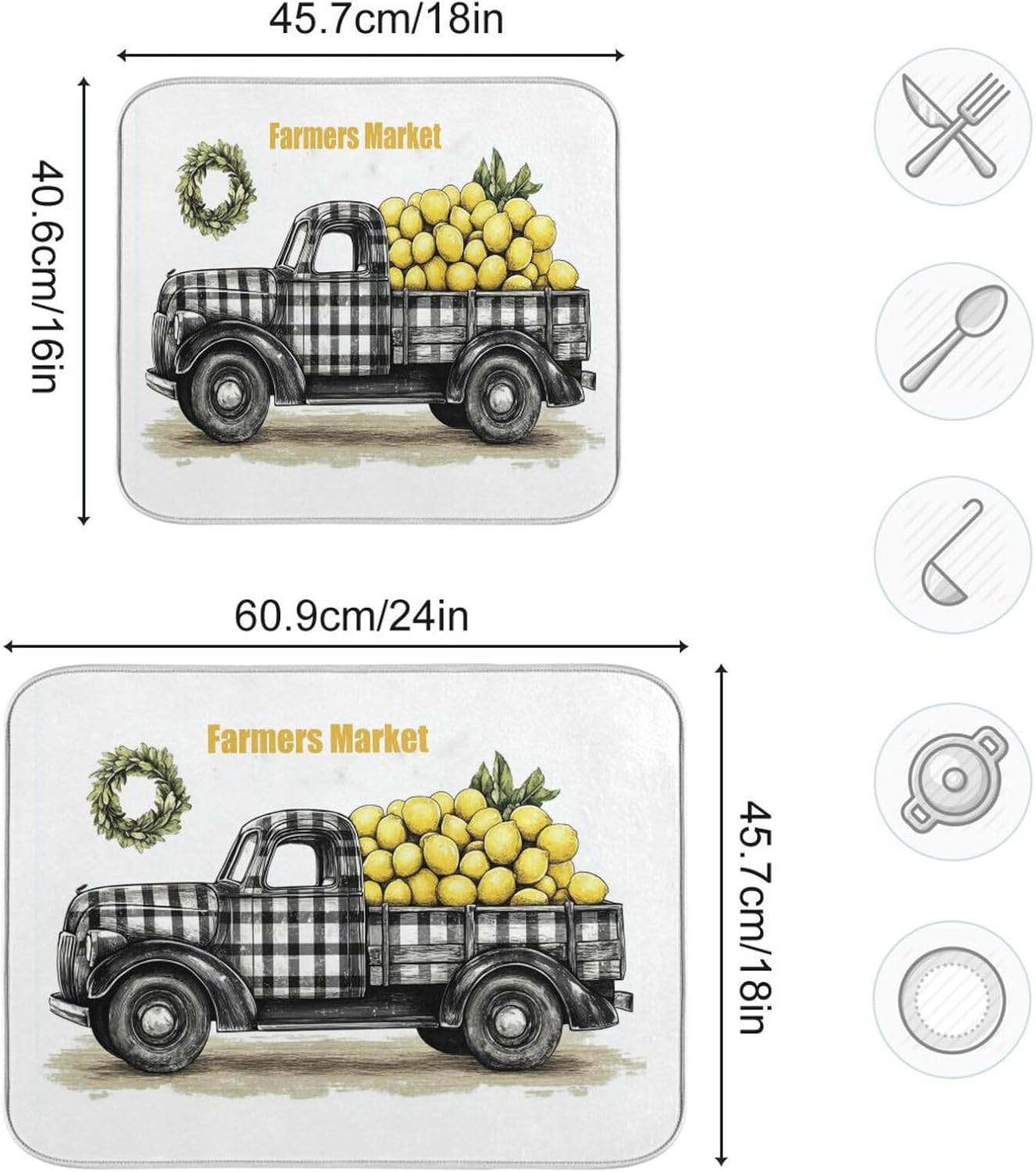 Kcldeci レモン食器乾燥マット キッチンカウンター/ファーム/レモン/トラック/食器乾燥ラックパッド キッチンカウンターマット