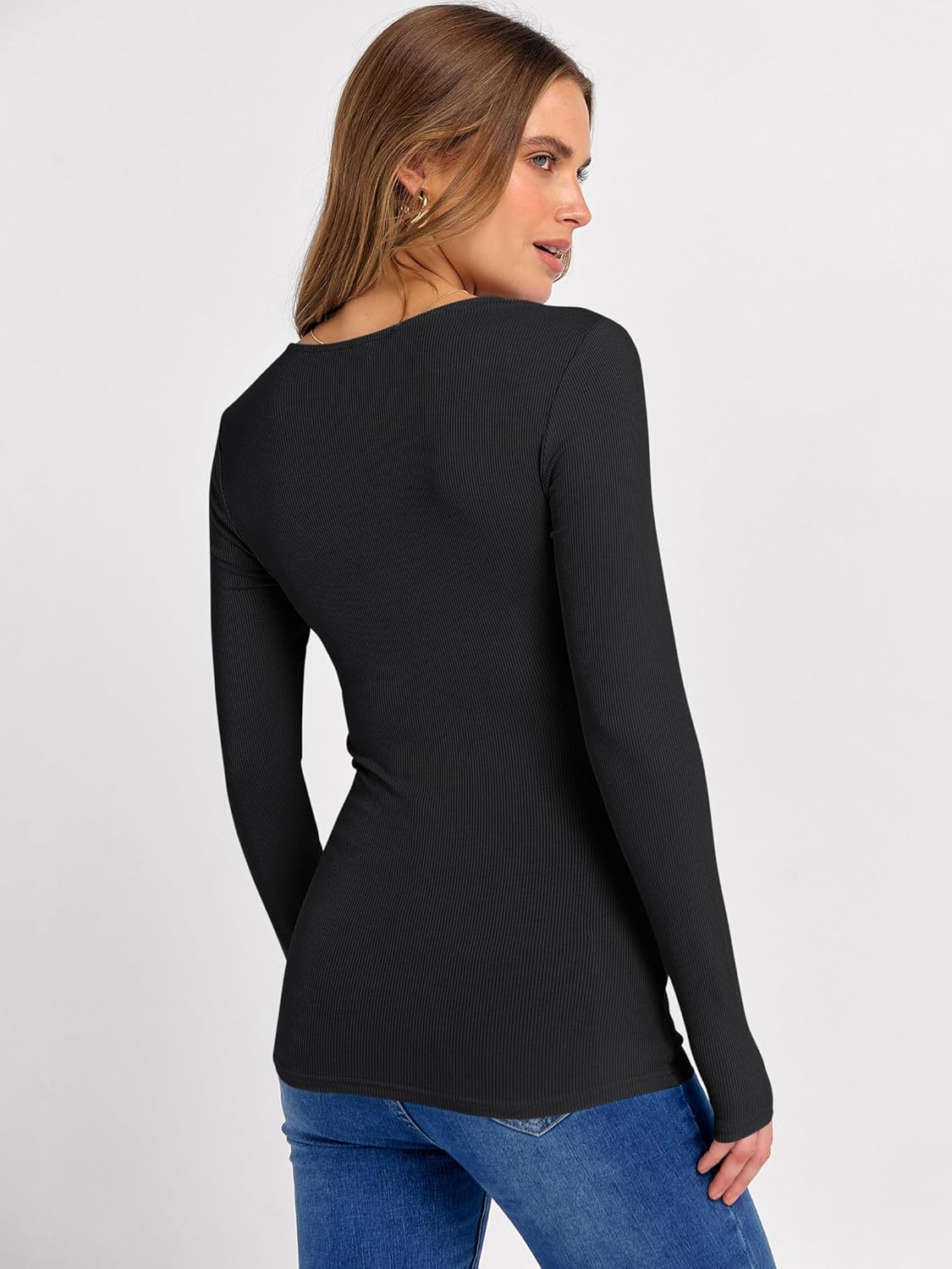 ANRABESS Long Sleeve Shirts for Women Square Neck Tops Ribbed Knit Slim Fit Basic Tee Going Out Fall Fashion Clothing - Image 4