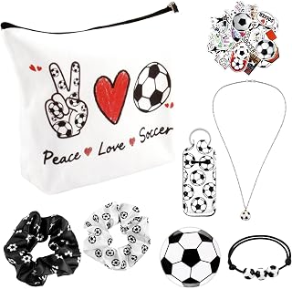 Cosmetic Bag Gifts,57 Pcs Cosmetic Bag Gift Stuff for Women | Soccer Cosmetic Bags Includes Mirror,Hair Ties,Bracelet,Necklace,Keychain and Stickers,Gift for Players,Sport Lovers (A)