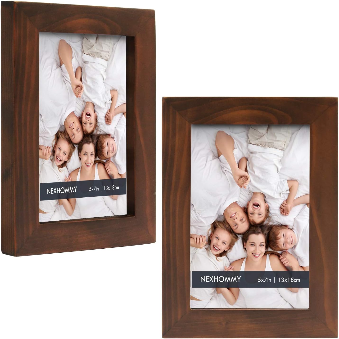NEXHOMMY 5x7 Picture Frames Set - (2 Pack, Brown) Solid Wood Photo Frame With Hanger Hooks For Wall Mount, Kickstand Easel For Table Top And High Definition Glass Display