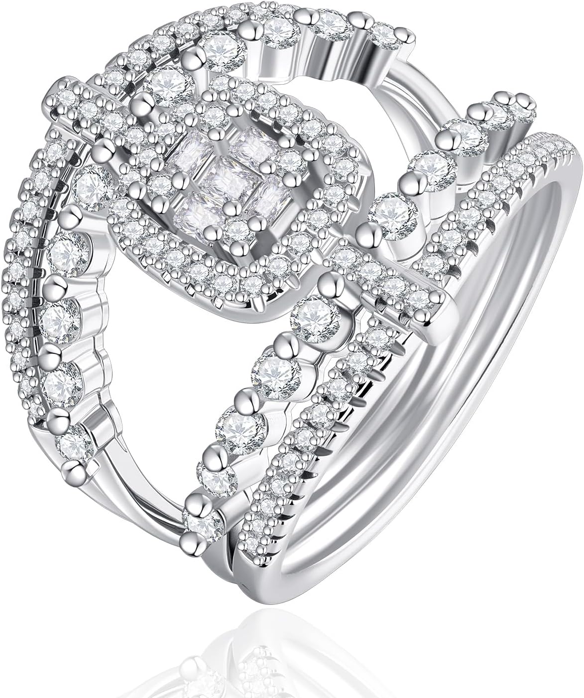 ENDLESSNESS & ETERNITY Half Eternity Simulated Diamond Party Ring 14K White Gold Plated Wedding Band Ring Cubic Zirconia Engagement Promise Cocktail Ring Gift for Women