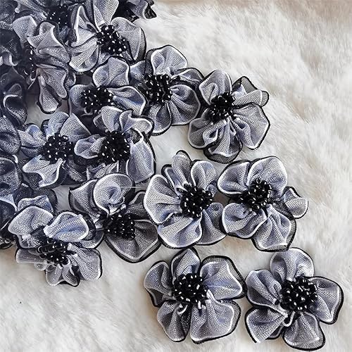 Miniatura 2 de 50 flores de cinta de organza con cuentas de 1.18 pulgadas, 2 capas, flores de seda artificial hechas a mano, apliques de costura, boda,