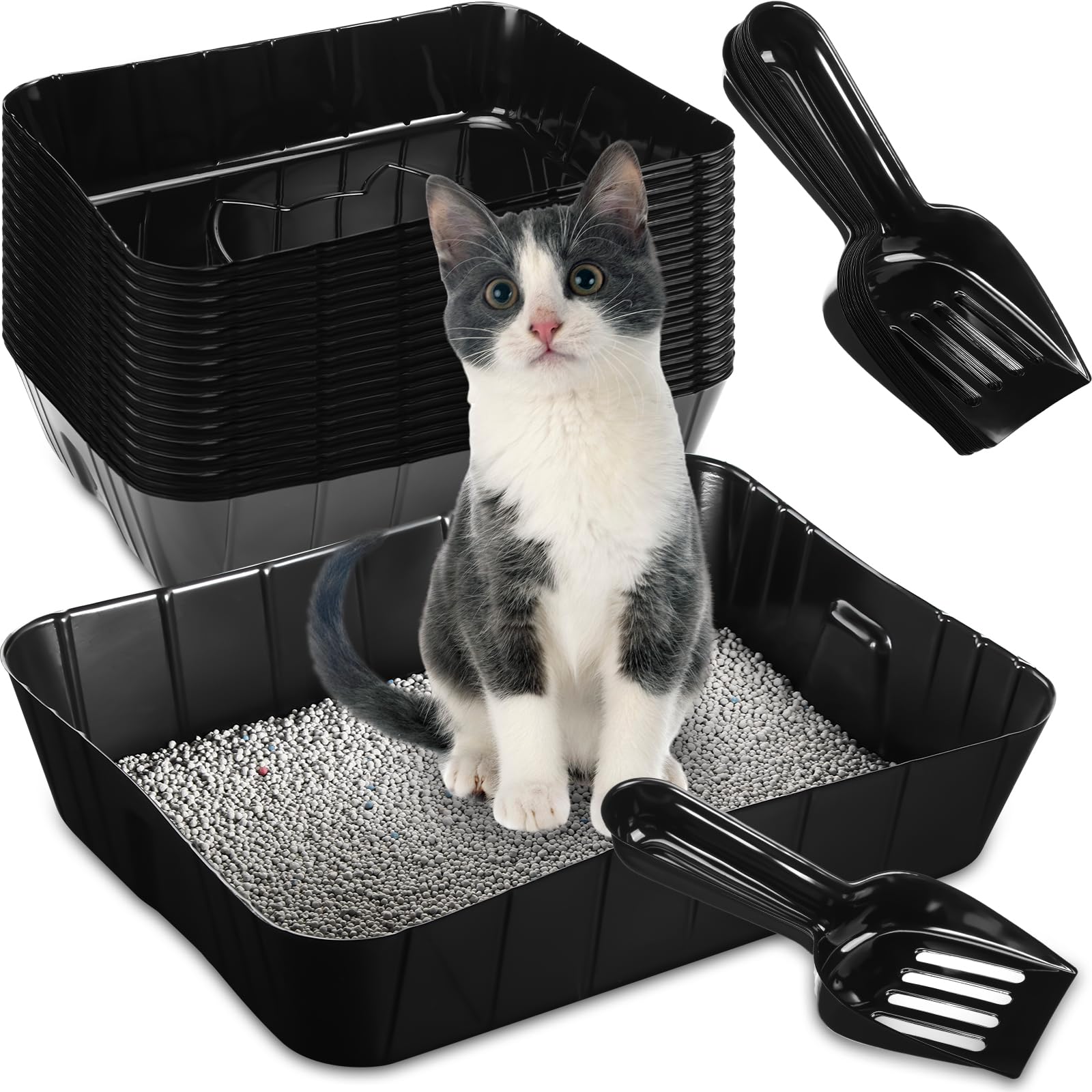 Bokon 50 Pcs 25 Set Disposable Litter Boxes for Cats with Scoop Plastic Cat Litter Tray Large Kitten Pan for Kitty Rabbit Guinea Pig Hamster Pets