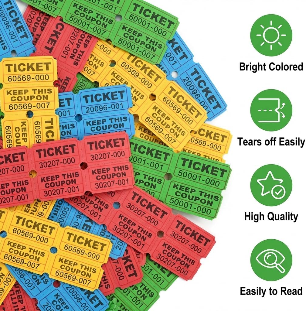 XXINMOH 4000 Pairs Double Raffle Tickets – 4 Assorted Colors (Pink, Blue, Red, Purple) – 1000 Pairs per Roll for Carnival, Fundraiser, Party, Event, Classroom, Lottery Drawing Prize Tickets for Raffle
