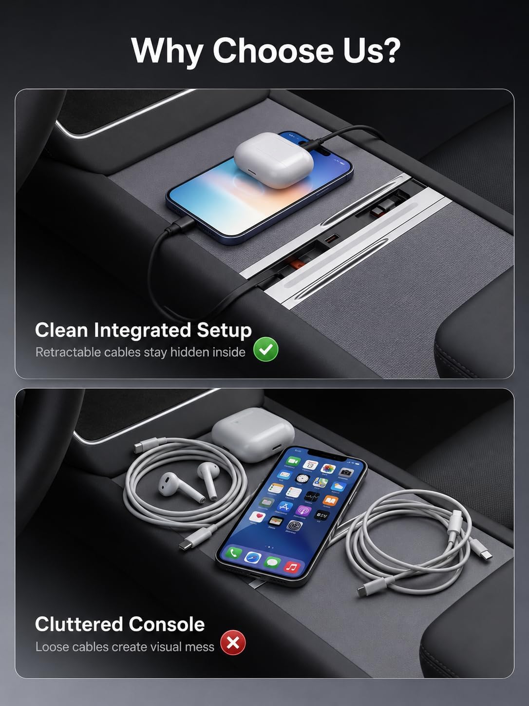USB Hub for Tesla Model Y Juniper 2025-2026 & Model 3 Highland 2024-2026, 65W Max Charger Dock with RGB Ambient Light, Dual Retractable Cables (for Model Y/3 (Juniper & Highland))