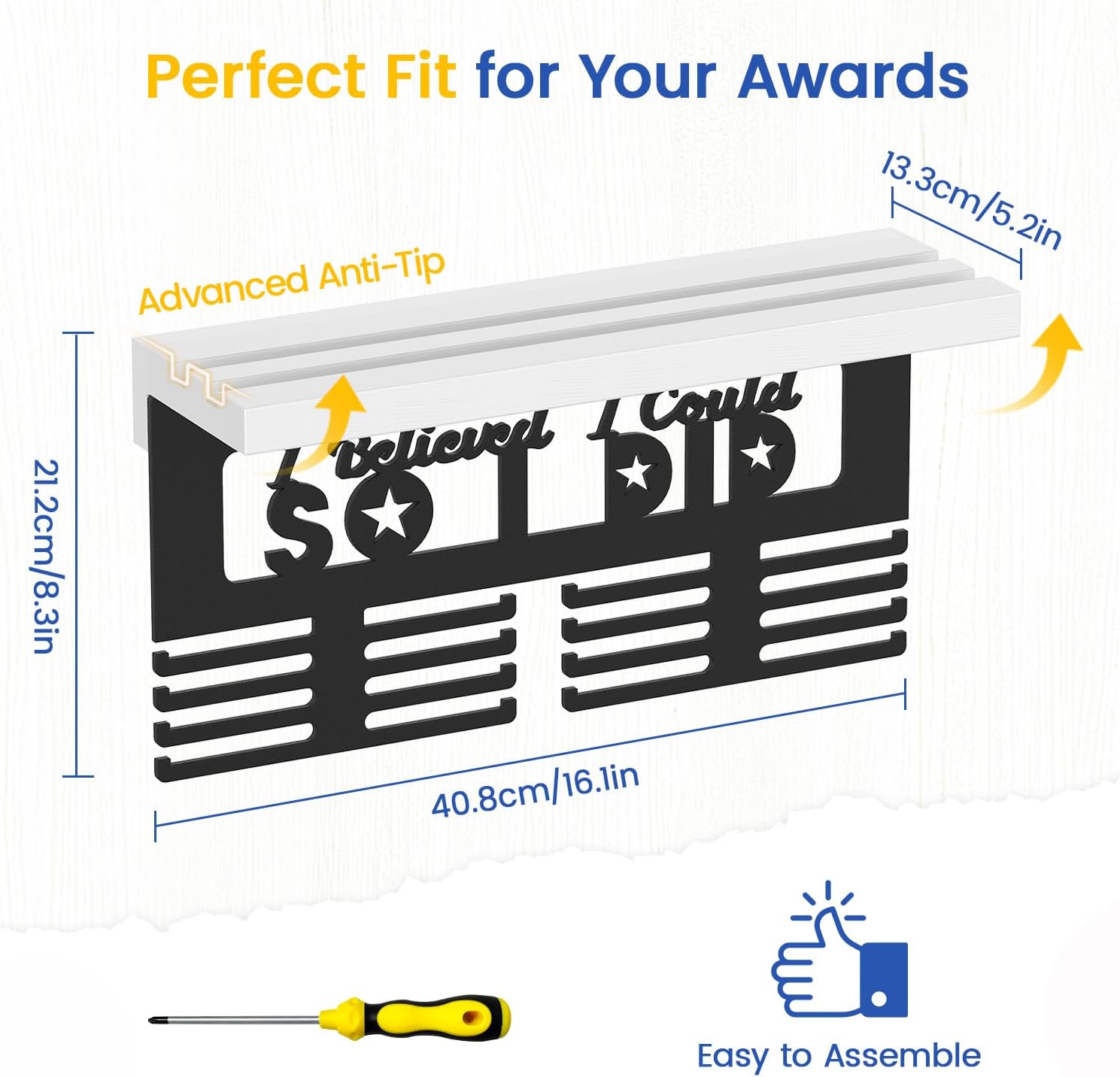 Medal Holder Display Trophy Shelf Organizer, Sturdy Wooden Race Award Hanger Rack with 25 Steel Hooks, Wall Mount Storage Stand for Sports Fans, Cheer Success