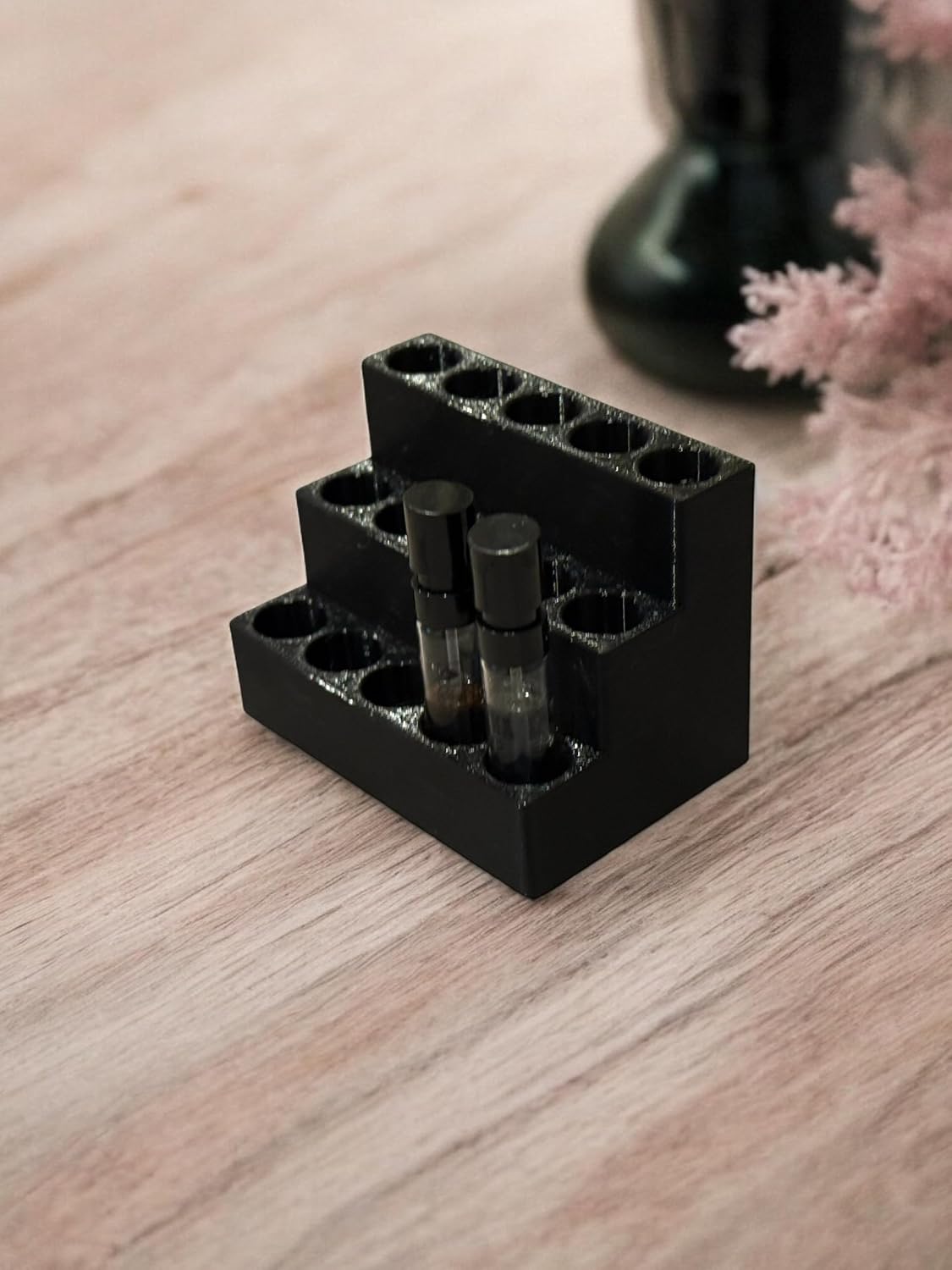2mL Perfume Sample Organizer – Tiered Display Holder for 15 Mini Fragrance Vials, 3-Tier Perfume Tester Storage Stand, Vanity & Desk Fragrance Sample Rack (Obsidian Black)