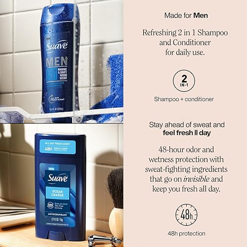 Miniatura 2 de Suave + Champú y acondicionador 2 en 1 para hombre, Ocean Charge + desodorante antitranspirante para hombres, Ocean Charge, protección contra el