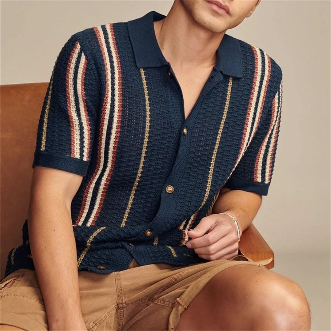 Men’S Slim Fit Hollow Out Striped Knitted Polo Cardigan Short Sleeve Button-Down Streetwear Top Tee