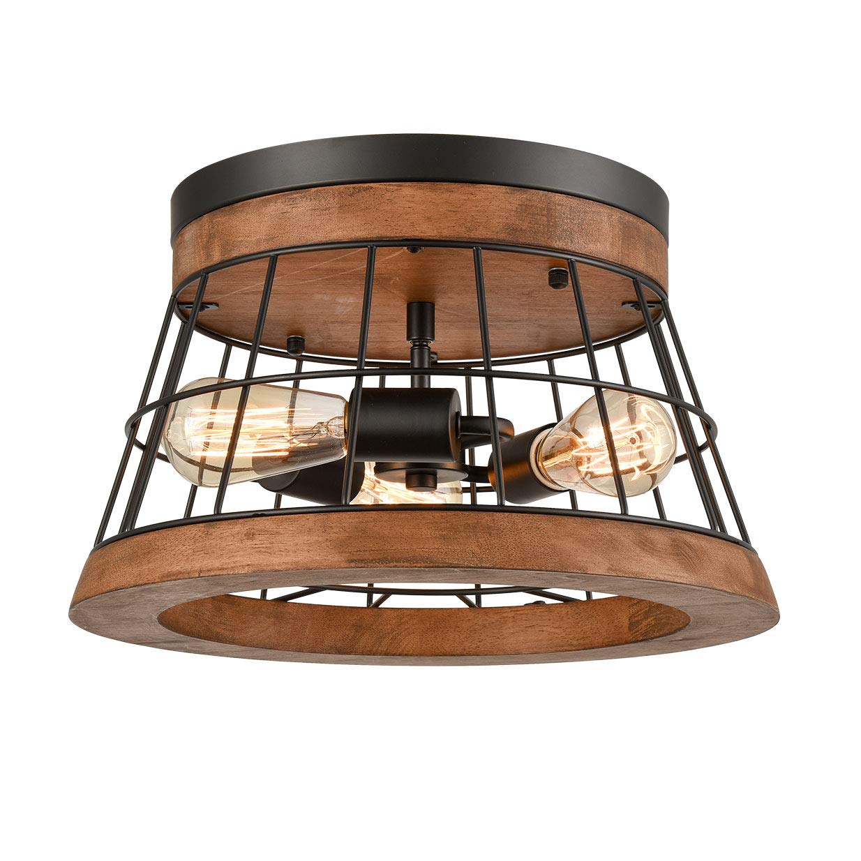 Farmhouse Wood Round Ceiling Light Rustic Drum Flush Mount Lighting