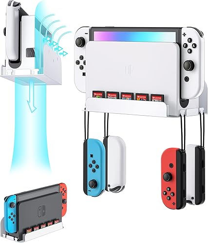ZAONOOL Soporte de pared para Nintendo Switch y Switch OLED, kit de montaje de pared de metal con 5 soportes para tarjetas de juego y 4 colgadores