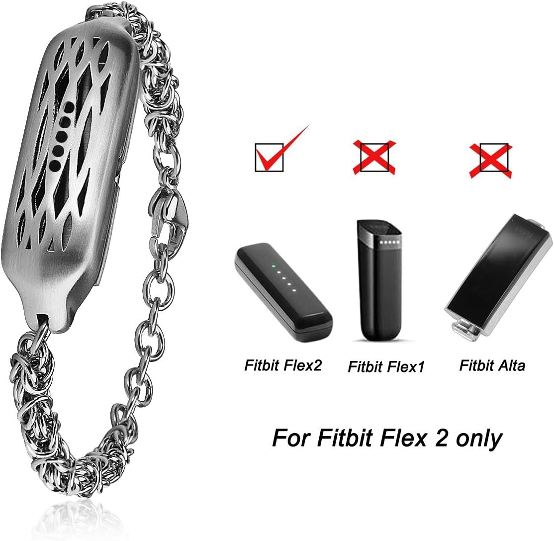 V-Moro Compatible Fitbit Flex 2 Bands, 6.69'' - 8.6'' Size Stainless Steel Metal Accessory Replacement Bracelet Wristband for Fitbit Flex 2 Tracker ONLY, Rose Gold Silver (Bracelet Silver-Large)