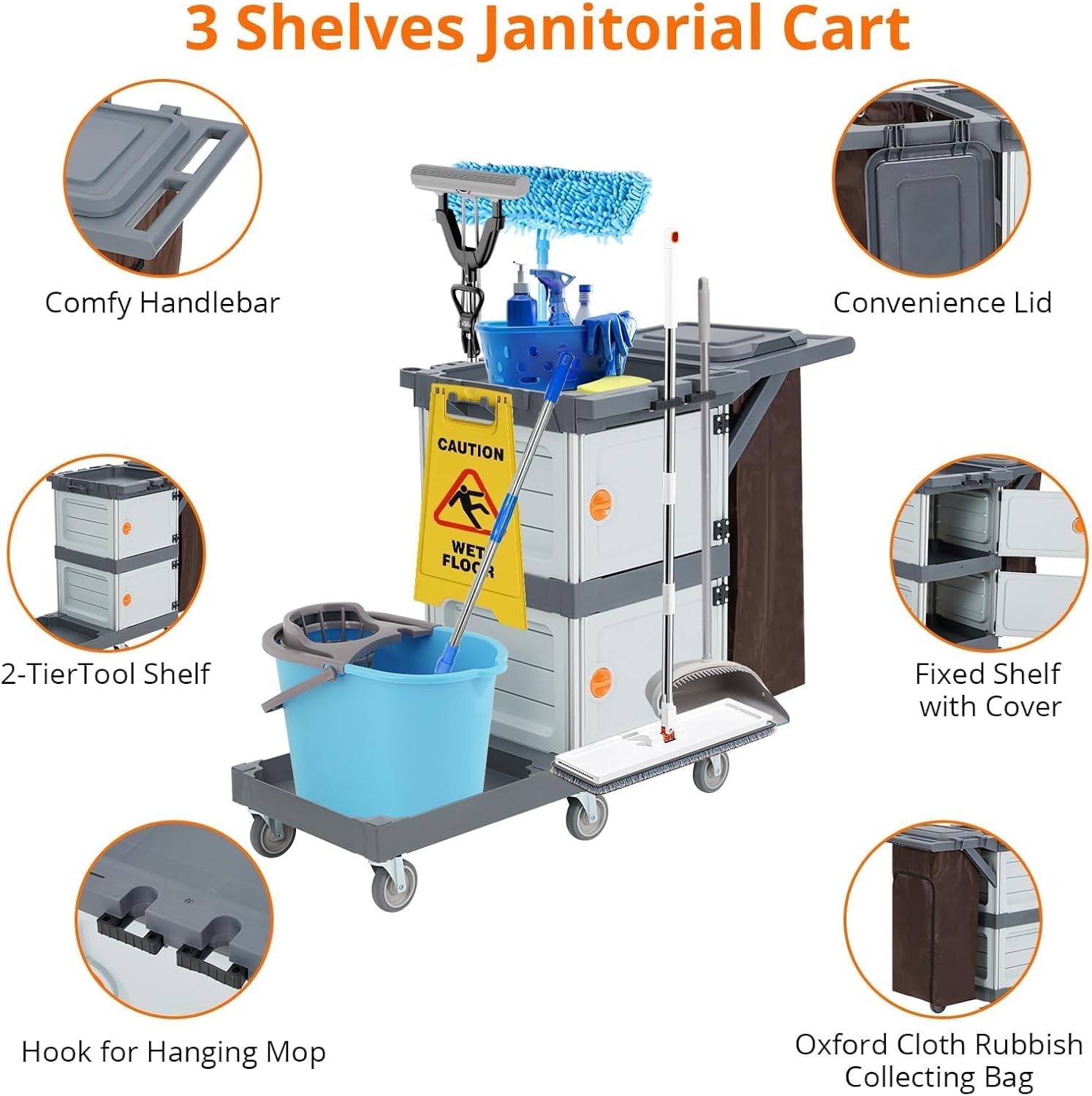 Commercial 3-Shelf Janitorial Cart with 2 Cabinets/Shelves, Commercial Traditional Wheeled Cleaning Cart with Cover and Oxford Bag, 300 Lb Capacity, Ideal for hotels, offices, classrooms, and resident