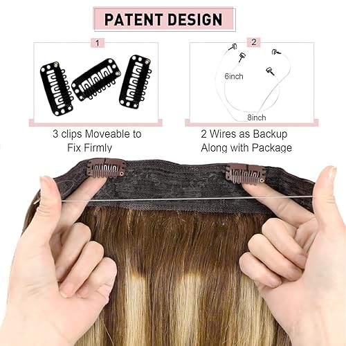 Vista 32 de RECOOL Extensiones de cabello humano real con alambre, balayage, color marrón chocolate a marrón claro y rubio decolorado, extensiones de cabello