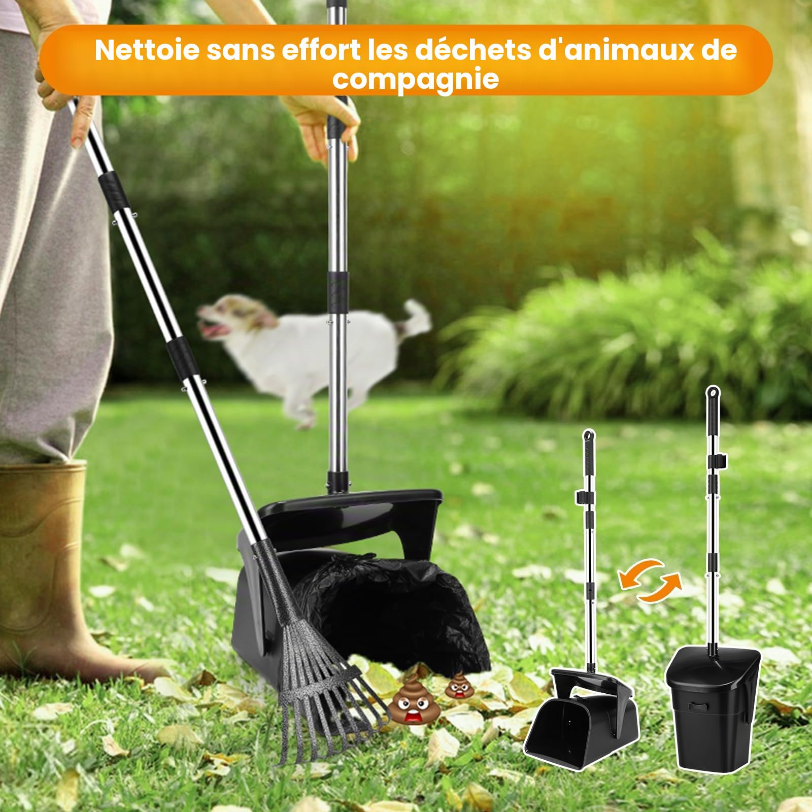 HAPPY HACHI Ramasse Crotte pour Chien, Kit Poubelle et Râteau Pivotant à Long Manche Réglable avec 20 Sacs Poubelle, Pelle a Crotte Portable pour Chiens de Petite, Moyenne et Grande
