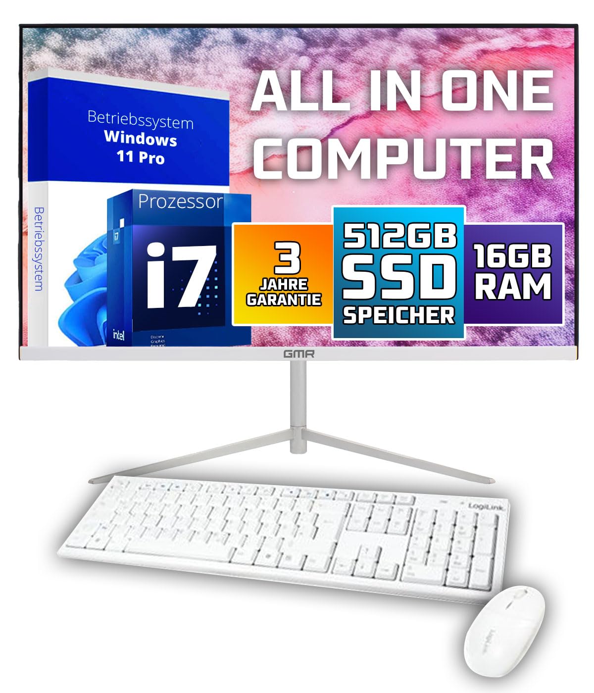 GMR All in One Desktop Computer mit i7 | 24 Zoll Display - Tastatur & Maus | 3 Jahre Garantie | 16 GB RAM | 512GB SSD | USB 3 | Windows 11 PRO | WiFi + BT