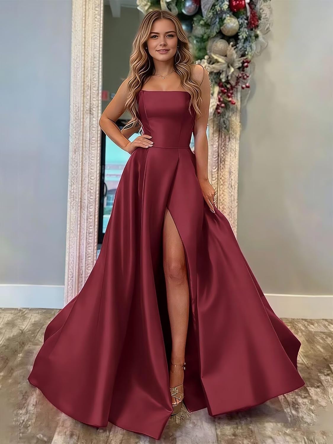RYANTH Strapless Satin Prom Dresses for Women Long A Line Cocktail Dress Pleated Formal Evening Party Gowns with Slit