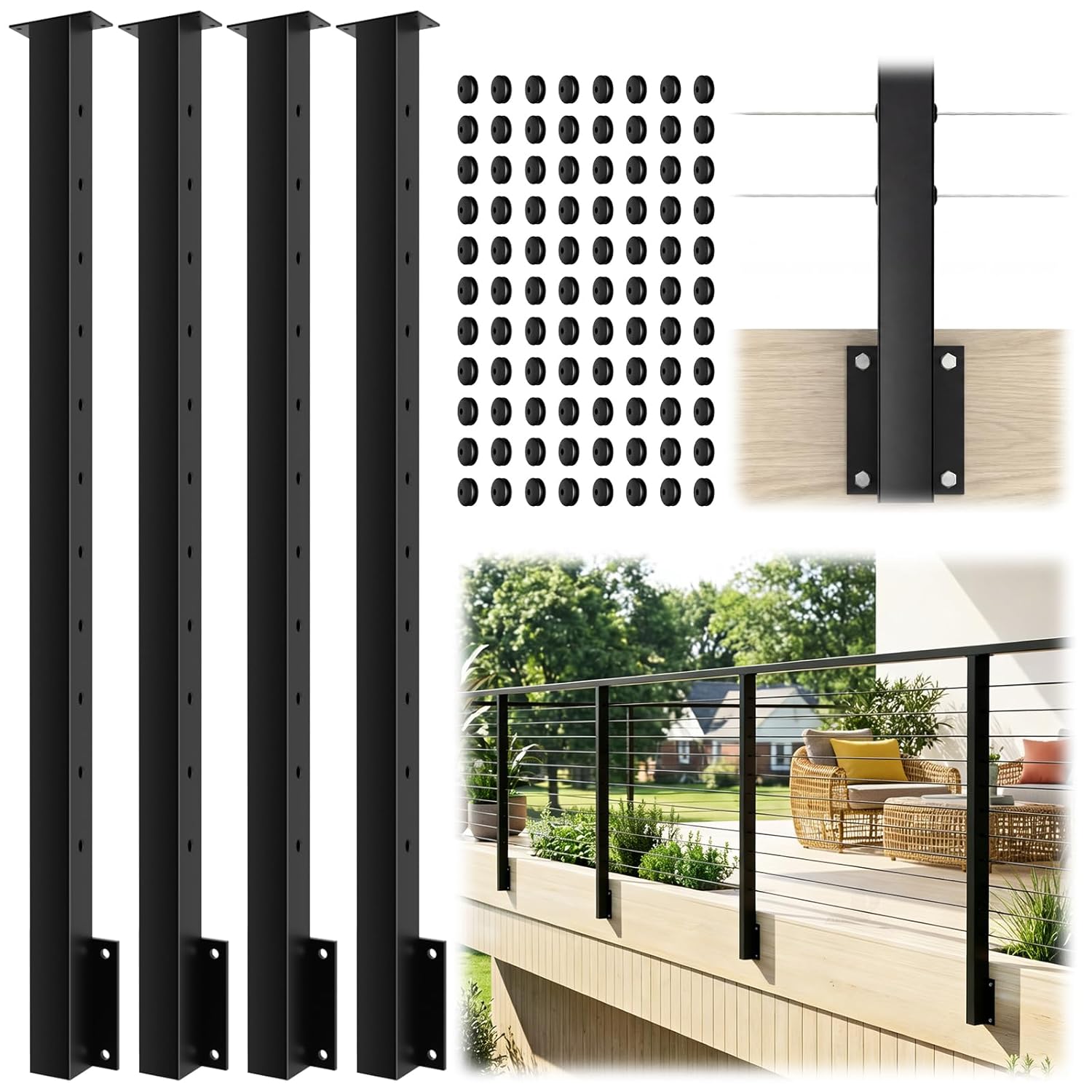 4 Pack Side Mount Level Drilled Cable Railing Post 36"x2"x2"(Post Body 44"), Fixed Top Line Post with 11 Holes, Fascia Mount Stainless Steel Cable Deck Rail Post, Black Wood Concrete Deck Post