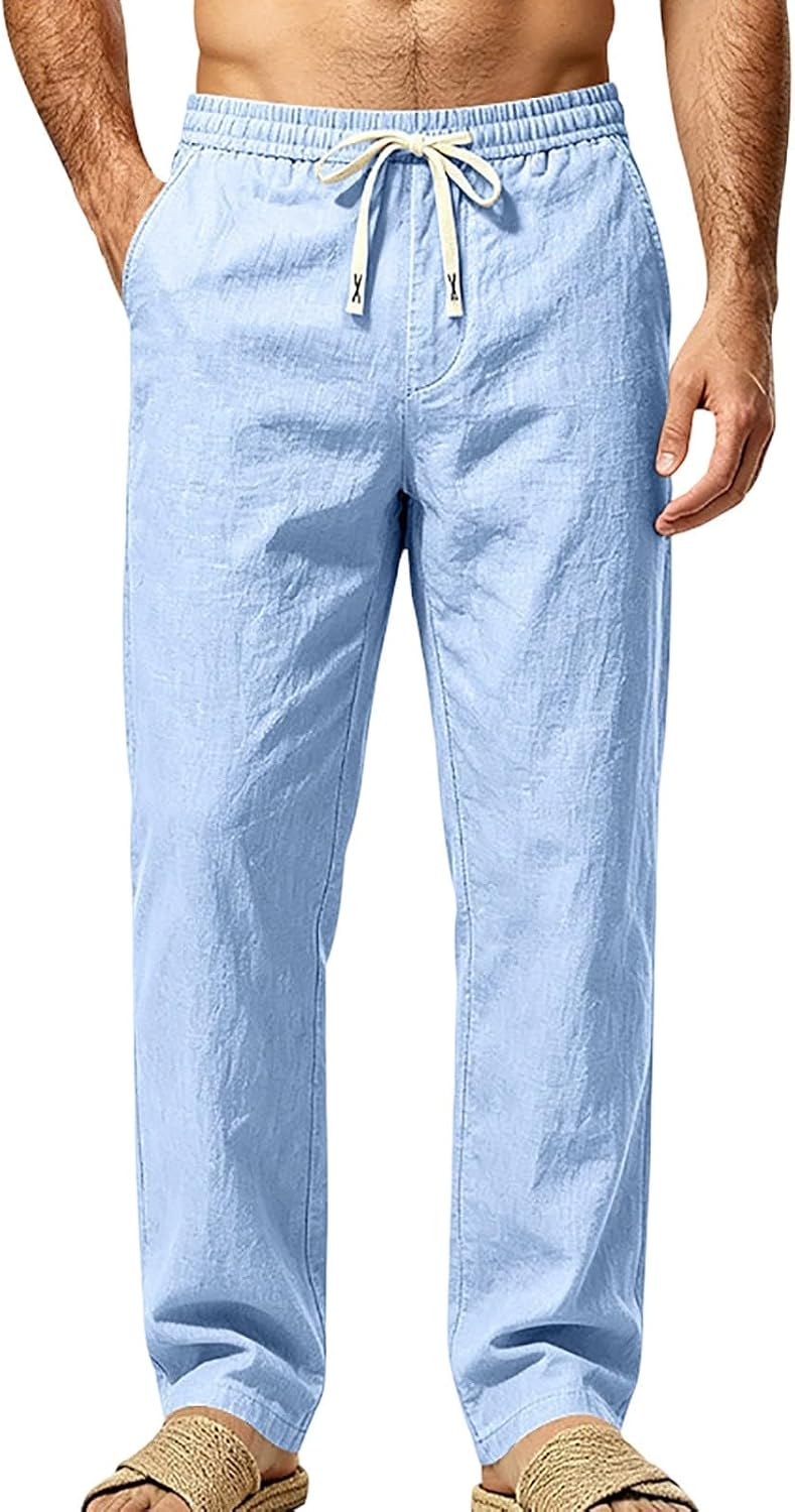 Mens Linen Straight Leg Pants Elastic Drawstring Waist Trousers