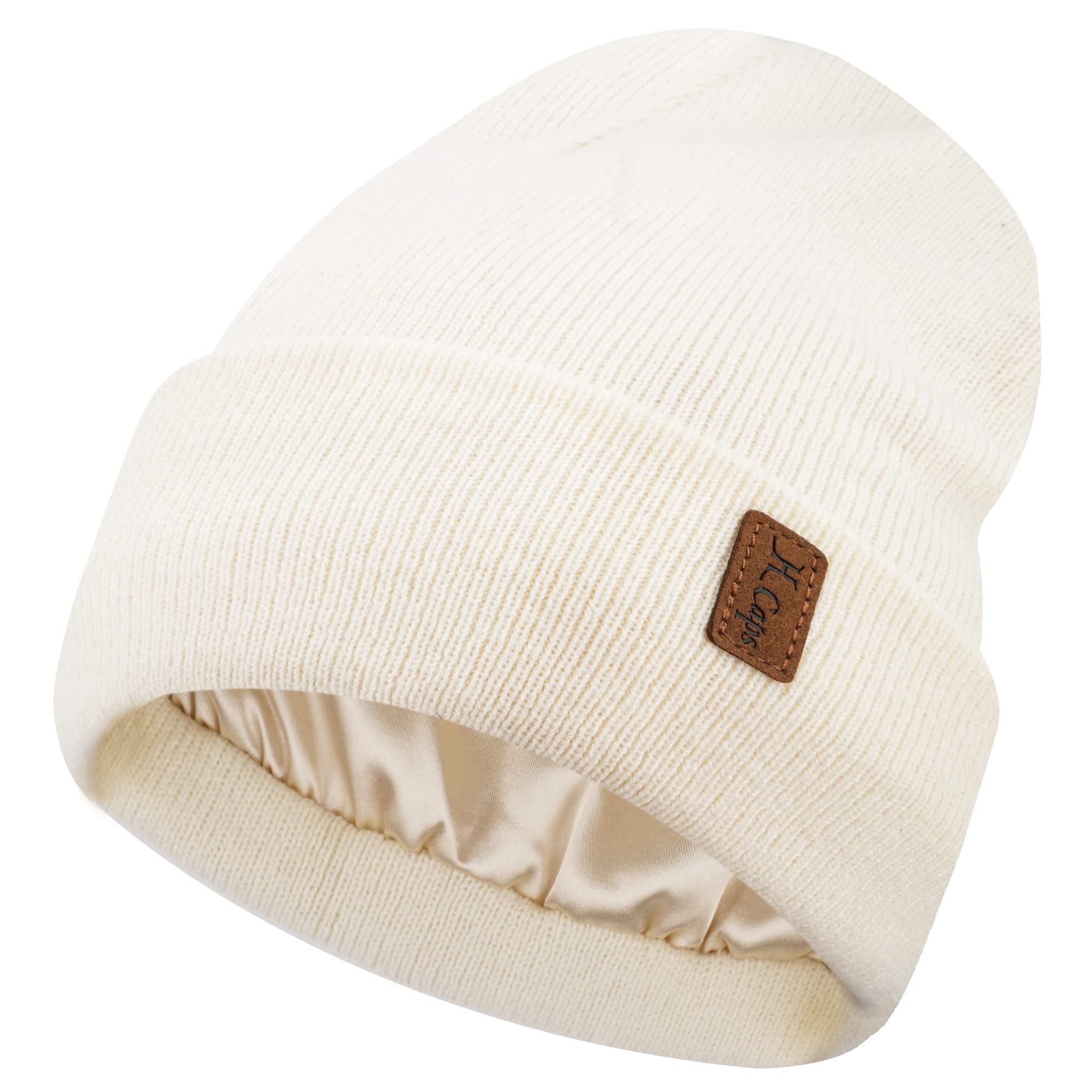 Womens Winter Warm Satin Lined Knit Beanie Hat Slouchy Skull Caps Silk Lining Ski Hats for Women Men