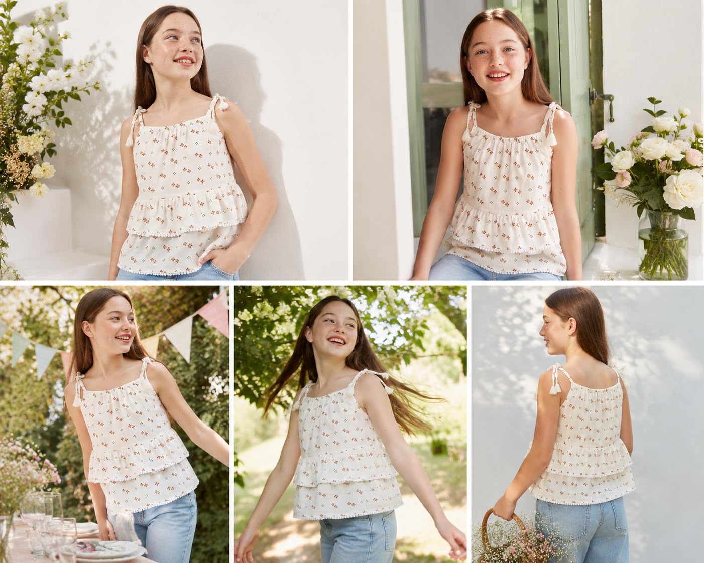 Generico Blusa para niña de 10 a 16 años – Top de verano con estampado floral, tirantes anudados y volantes, elegante e informal, 6188