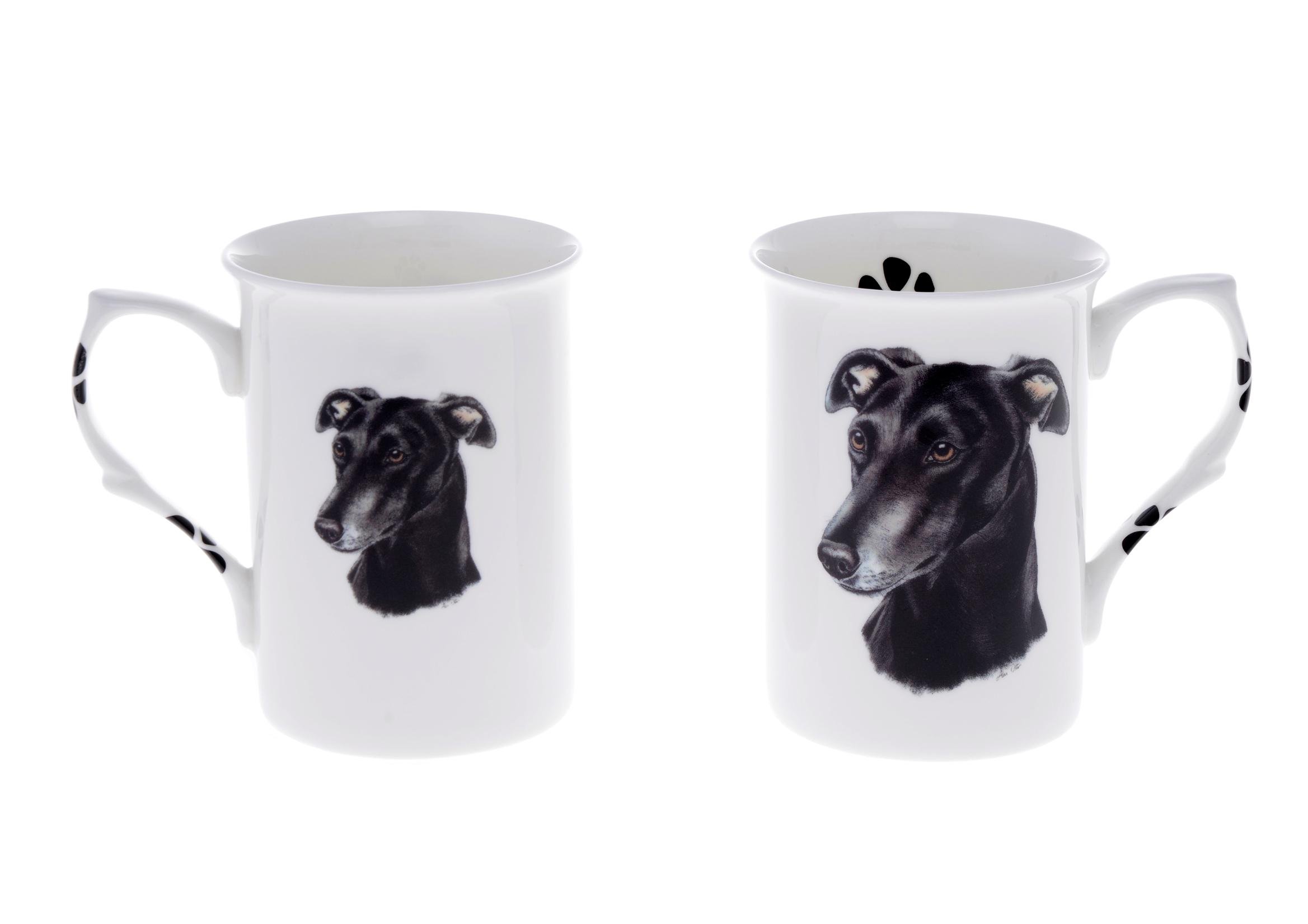 (BB30) Set of 2 Bone China BEAKERS/Mugs Black Greyhound Presentation Gift Boxed- Lovely Gift