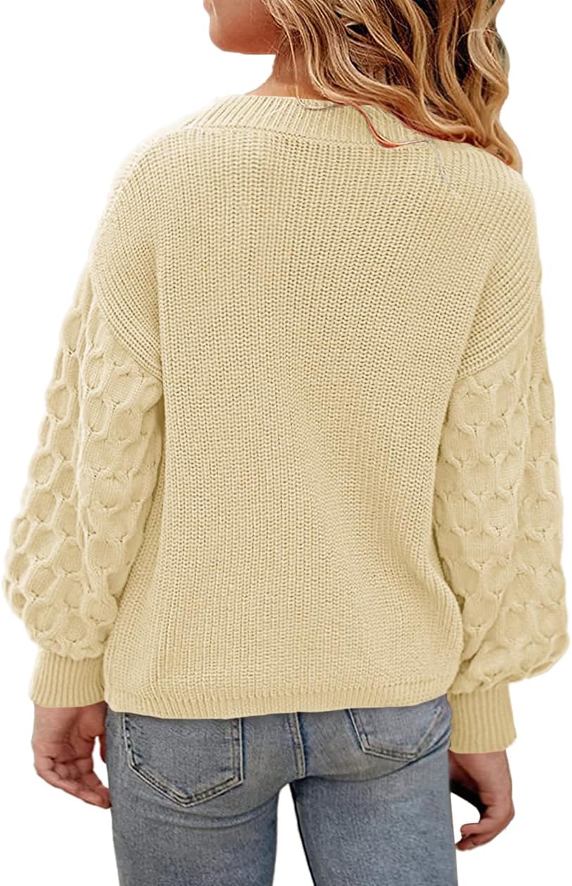 Girls Crewneck Sweaters Casual Long Sleeve Drop Shoulder Pullover Sweaters Fall Oversized Cable Knit Tops - Image 3