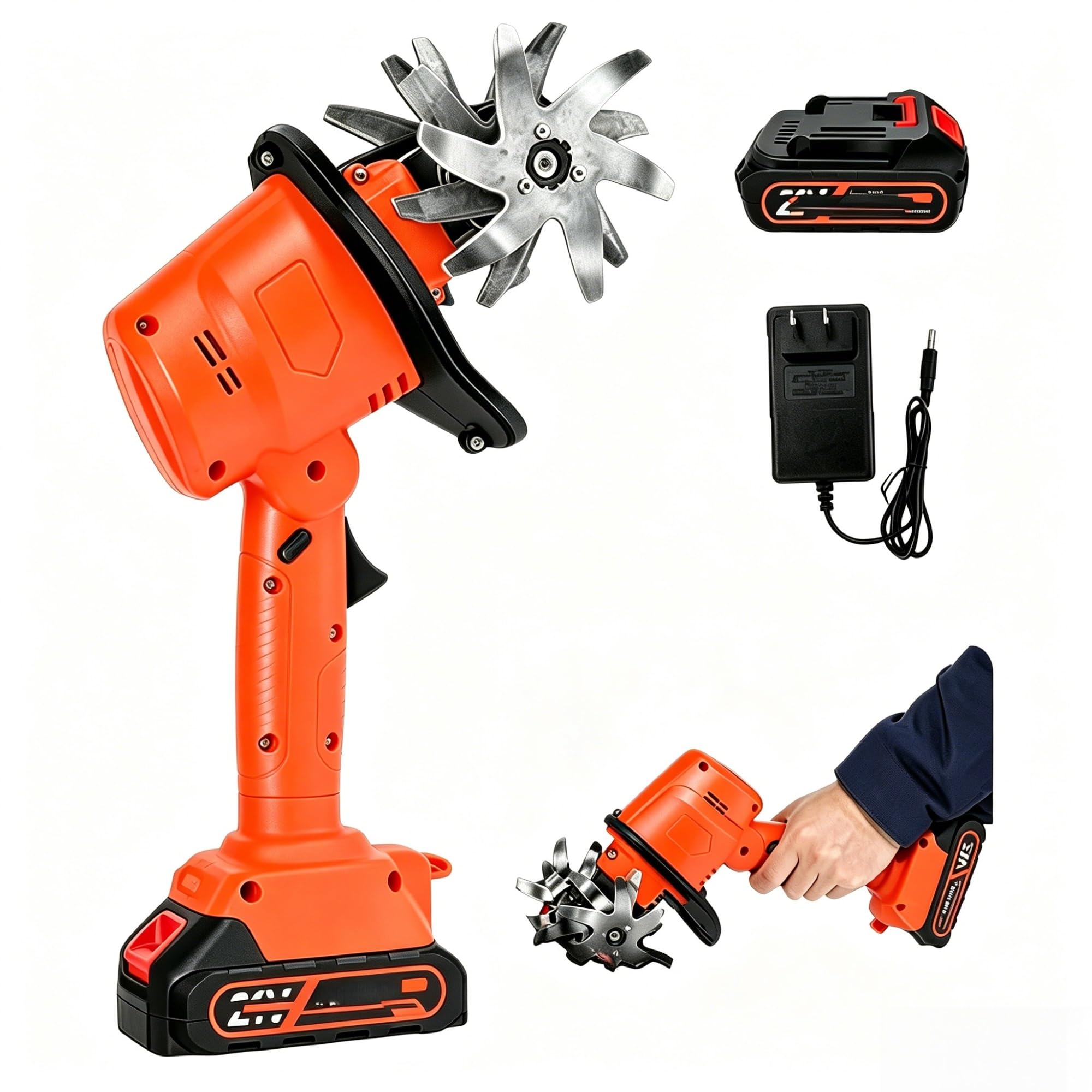 Motobineuse Electrique sans Fil,21V Portable Motoculteur avec 1 Batterie Et Charge,235 RPM,Largeur/Profondeur De Travail 10/10 Cm,pour Cultivateur pour Yard, Culture du Sol