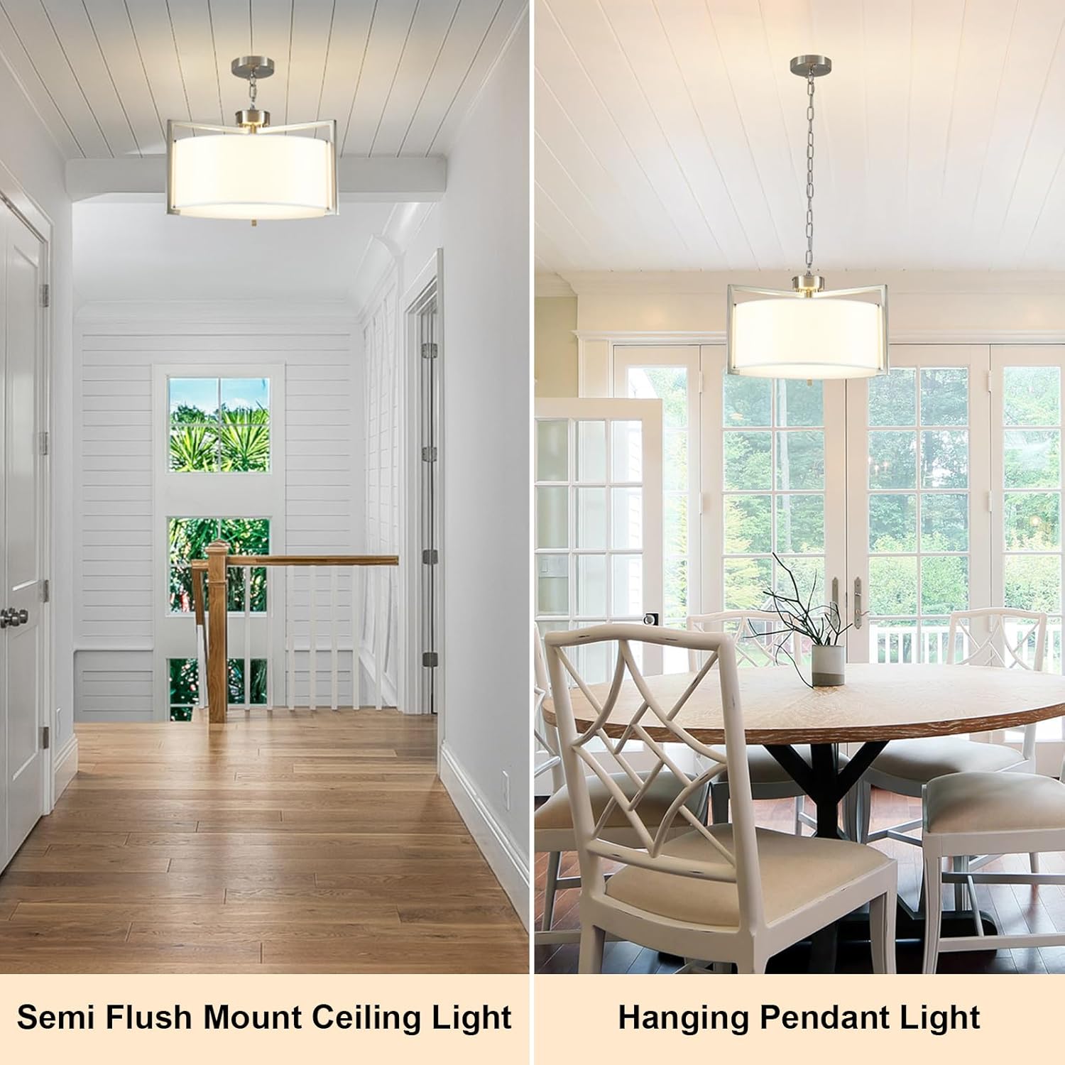 16.5" Brushed Nickel Drum Chandelier, 3-Light Modern Round Light Fixture Hanging Pendant Lighting Drum Lights Chandeliers for Dining Room Kitchen Living Room Bedroom Entryway Foyer, E26