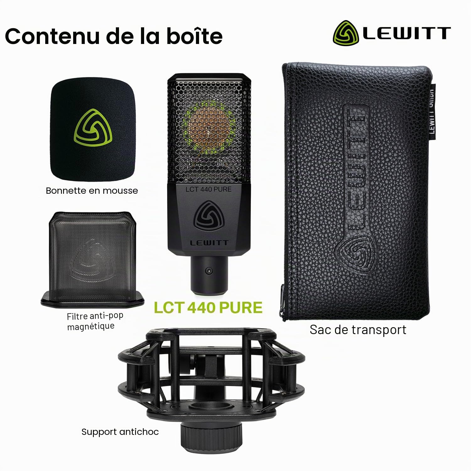LCT 440 Pure Microphone à condensateur XLR pour Voix, Chant, Enregistrement d'instruments et Streaming - Capsule à condensateur véritable de 1" - avec araignée et Filtre Anti-Pop (Noir)