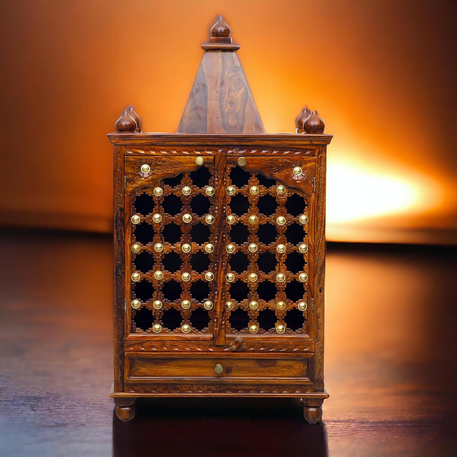 Advika Handicraft Sheesham Wood Temple with Metal Work on Doors and