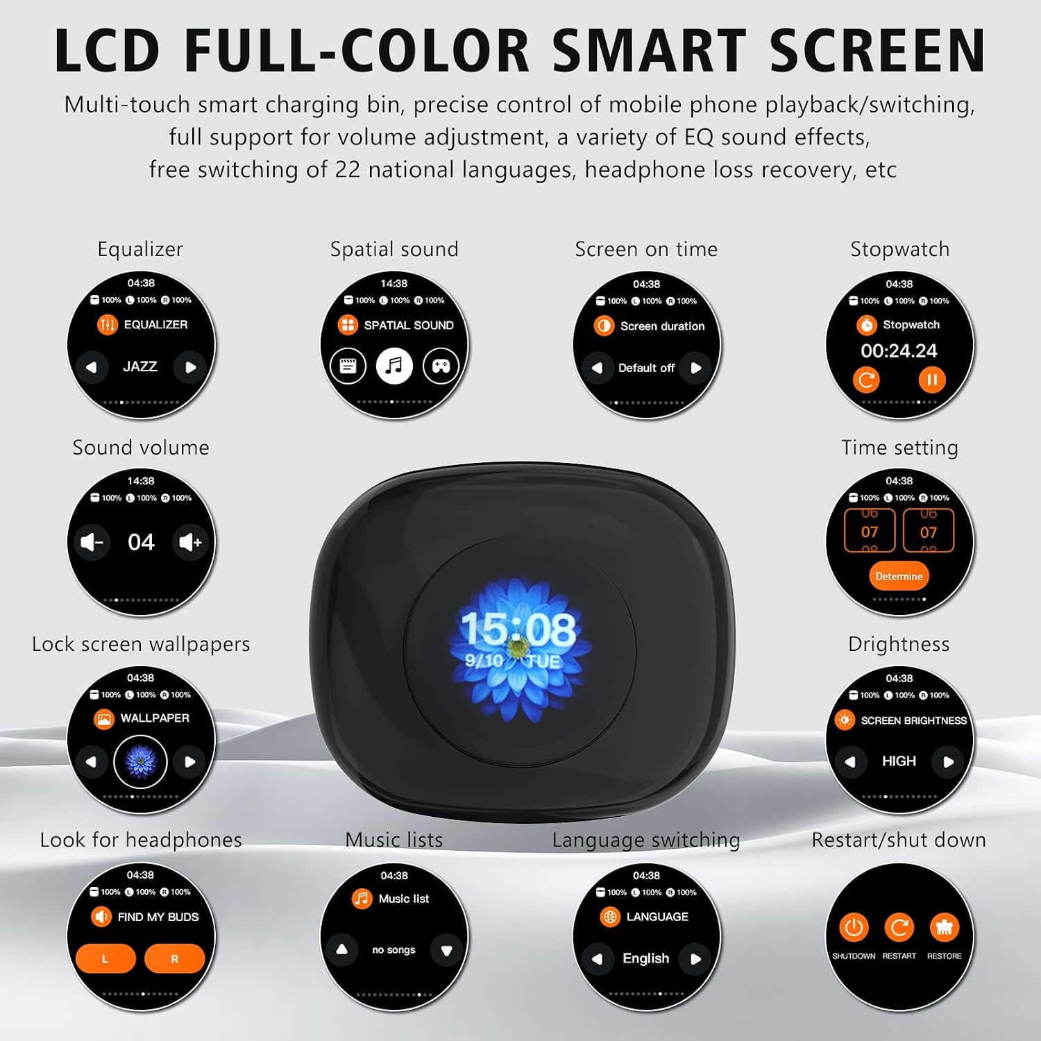 ZIHNIC True Wireless Open-Ear Headphones with Large Screen, 35H Battery Life, IPX5 Waterproof, Compatible with Different Devices with Bluetooth-Black
