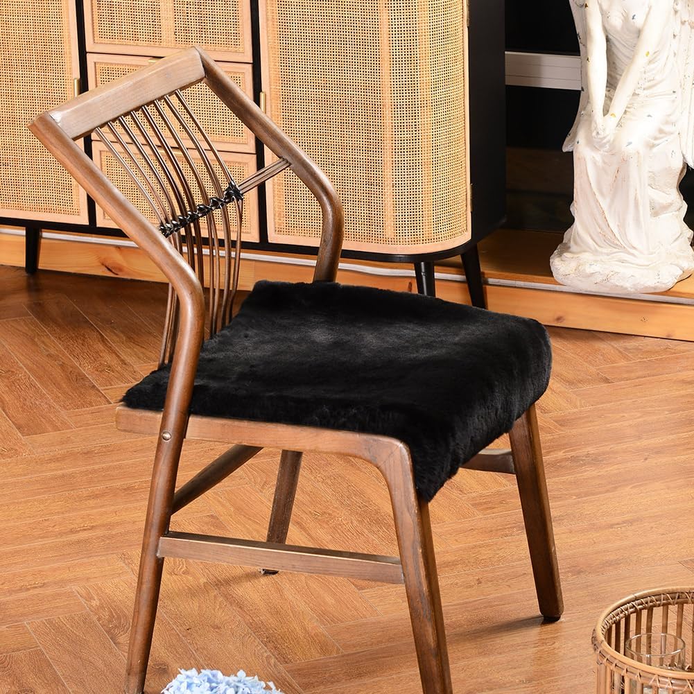 LLB Sheepskin Chair Covers Office Chair Cushion Dining Room Chair Pads Desk Chair Seat Cushion for Computer Chair Fur Area Rugs for Living Room 19x19 Inch (Pack of 1), Shearling Black