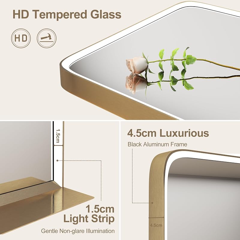 STARLEAD Fürdőszobai LED Tükör 80x60 cm Polccal - Arany Fém Keret, Fényerőszabályzás, 3 Színhőmérséklet, Páramentesítő, IP44 Vízálló