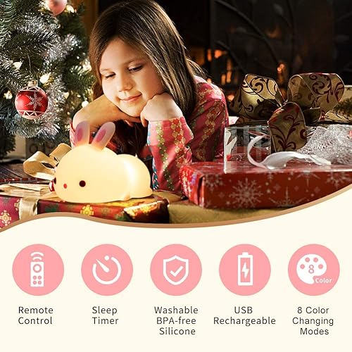 Miniatura 4 de Bonita luz nocturna de conejo con control remoto, regalos de Pascua para niños/niños/adolescentes, lámpara portátil de animales para dormitorio,