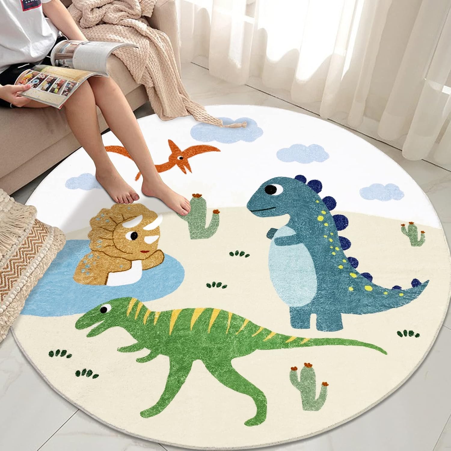 Kids Rug 4Ft Round Dinosaur Animal Play Mat Soft Dino Bedroom Carpet for Boys Girls Nursery Playroom, Nonslip Children Area Rug, Washable, Desert