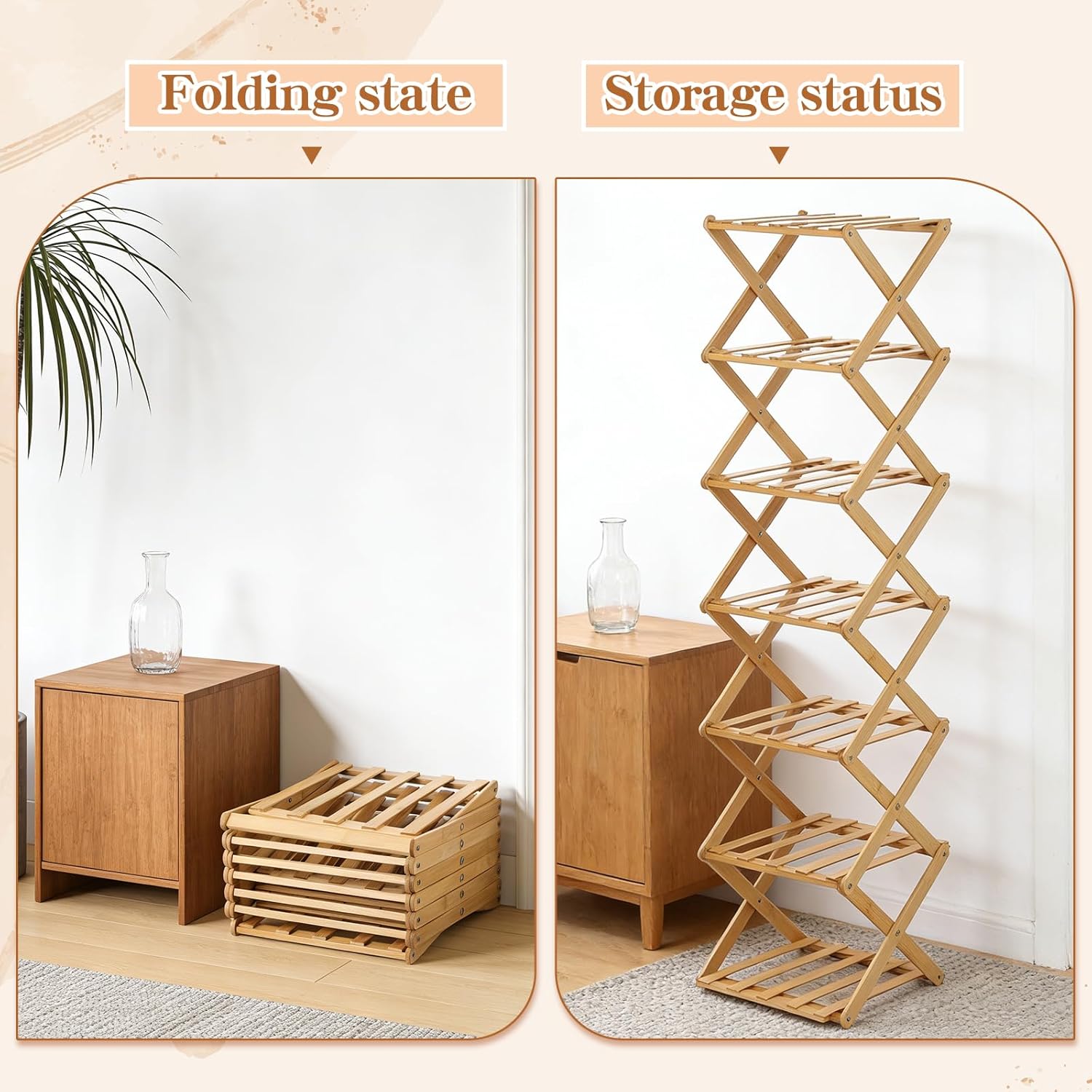 Tall Narrow Foldable Shoe Rack, 7 Tier No-Assembly Wooden Vertical Folding Shoe Storage Rack, Space-Saving Shoe Organizer Multifunctional Shelf for Entryways, Corridors, Bedrooms Corner